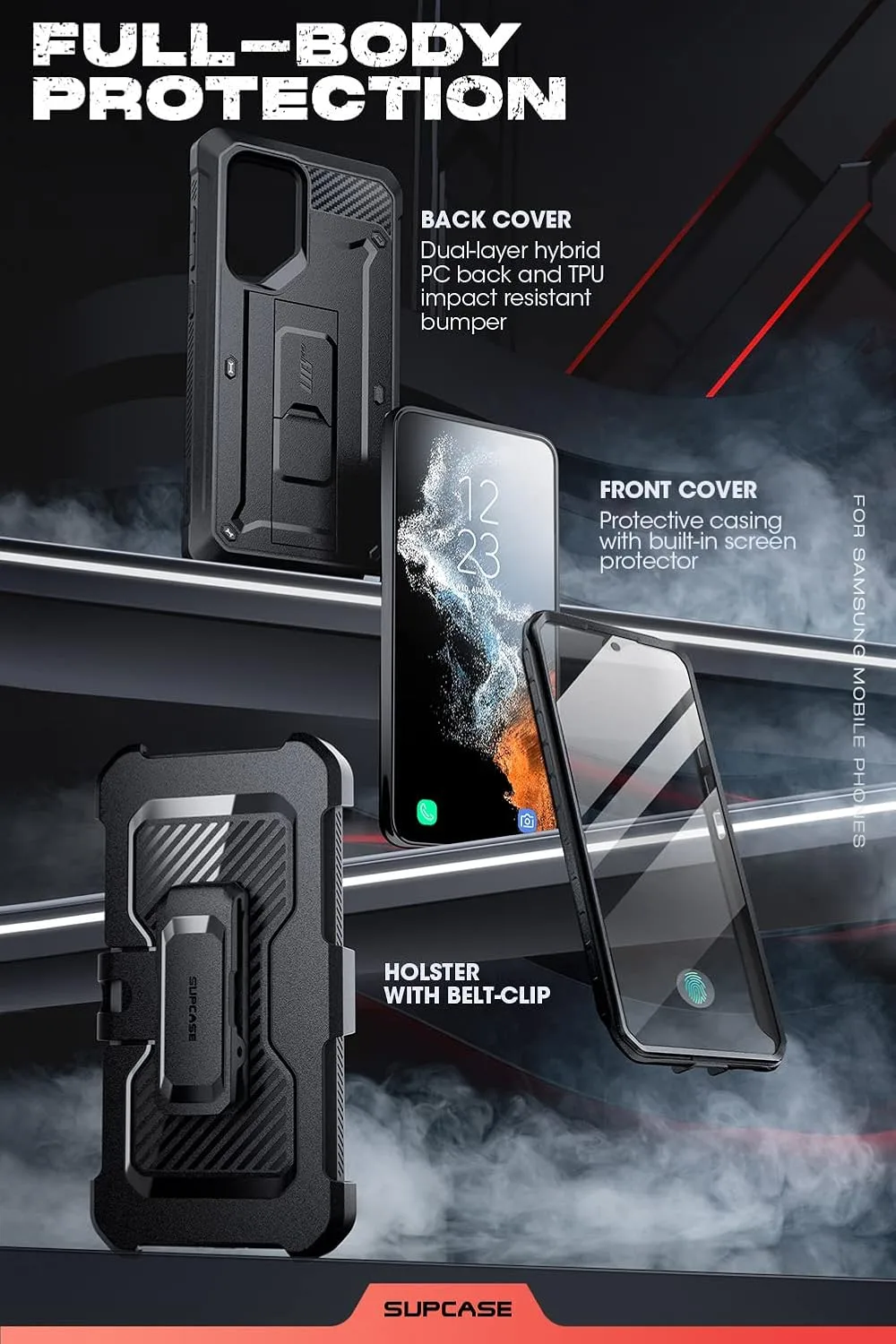 SUPCASE for Galaxy S23 Ultra Case with Built-in Screen Protector, Black