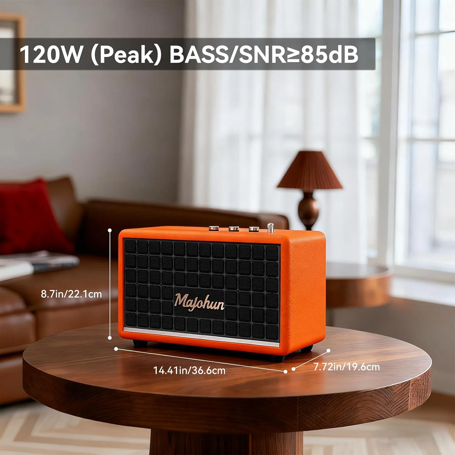 120W Peak Vintage Wood Bluetooth 5.4 Speaker, TWS Stereo (Orange) | Retro style 5.35" woofer with adjustable bass & treble control, deep rich sound, fits home, office, party and outdoor use.