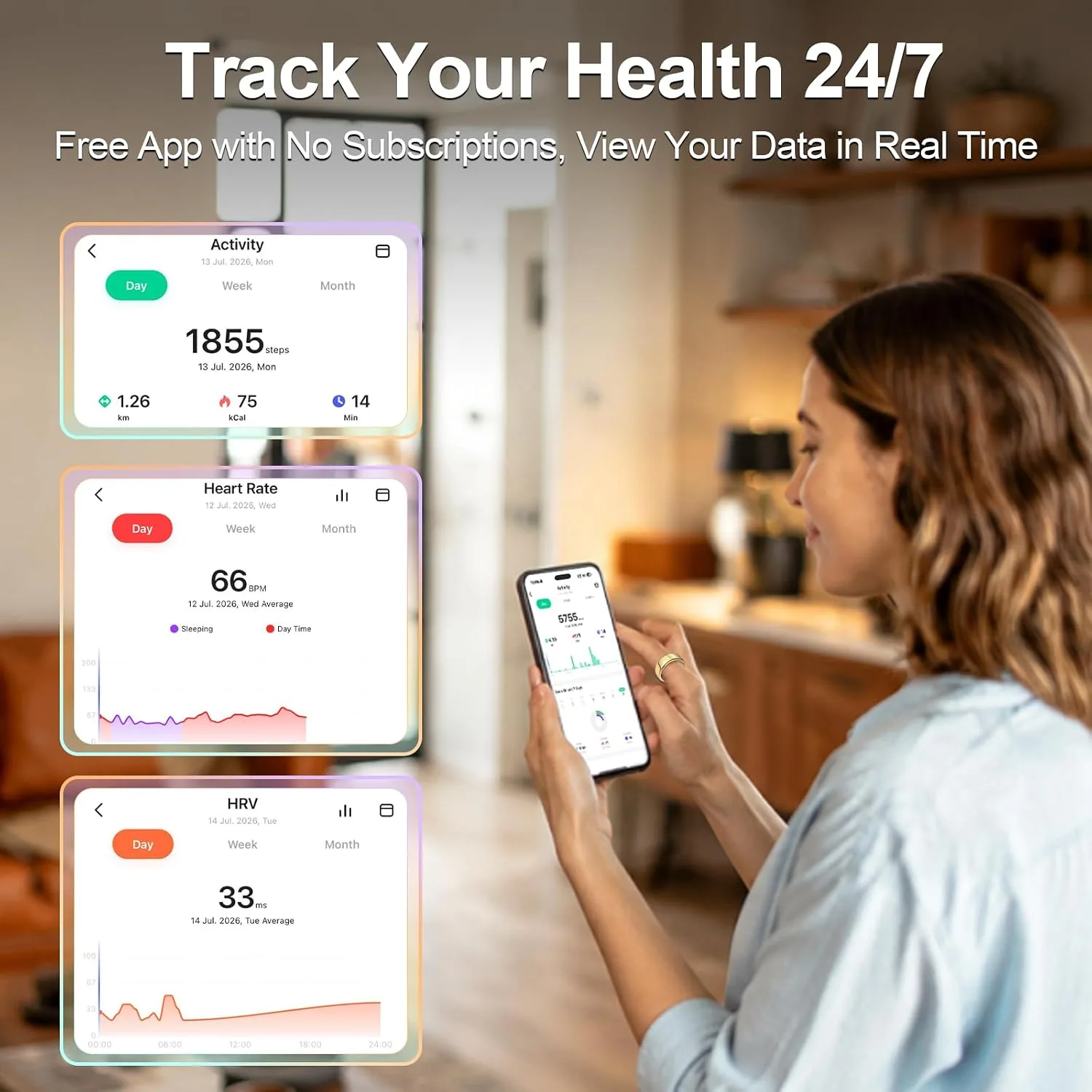 Smart Ring for Women & Men, Fitness Ring with Heart Rate, Sleep Monitor & Stress, IP68 Waterproof Sleep Ring, No APP Subscription (New Silver, 7)