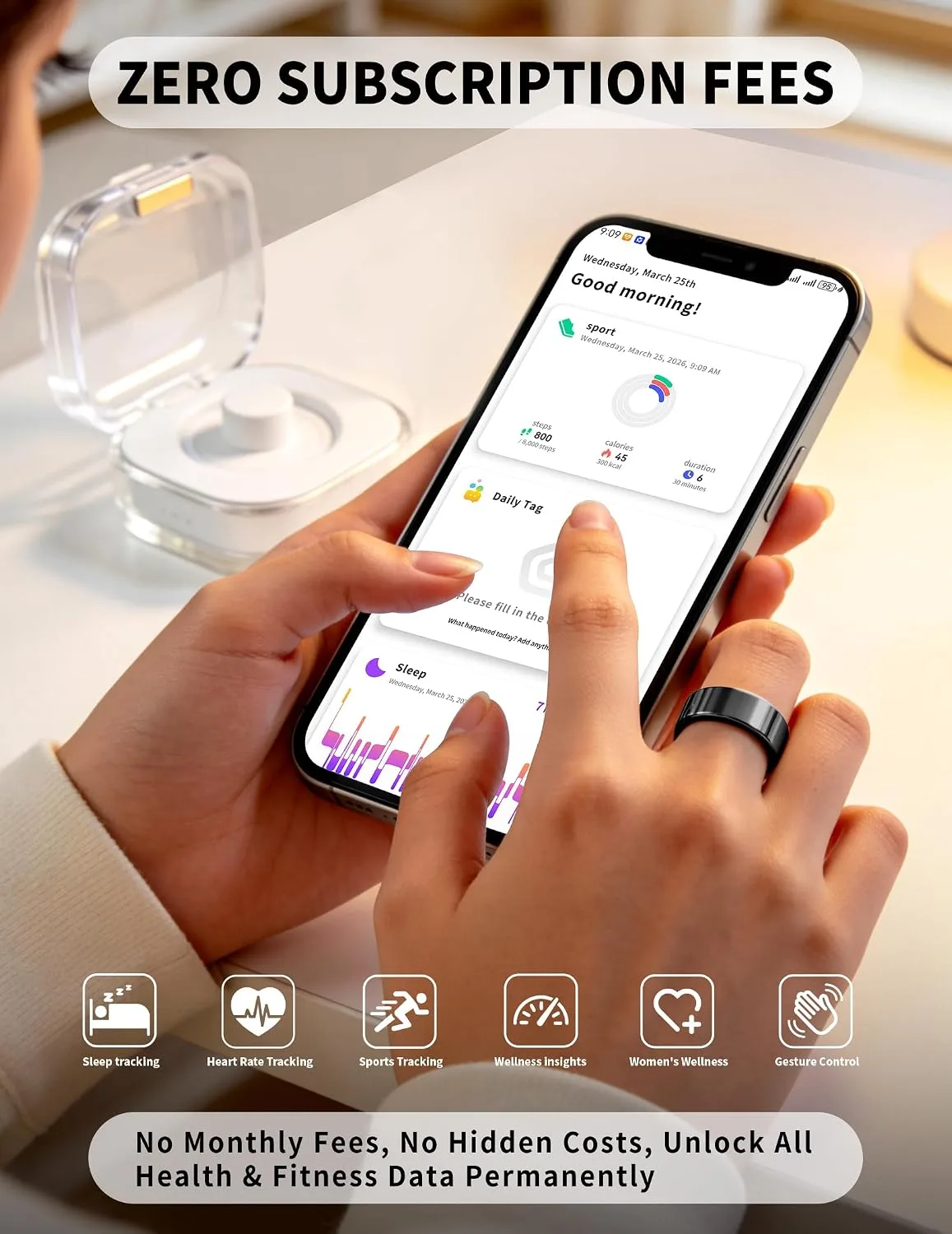 Smart Ring for Women Men Fitness Tracker Heart Rate Sleep Trends 128 Sports Modes Gesture Control Cycle Tracking IP68 Waterproof No Subscription Compatible with iPhone Android (Black, Size 9)