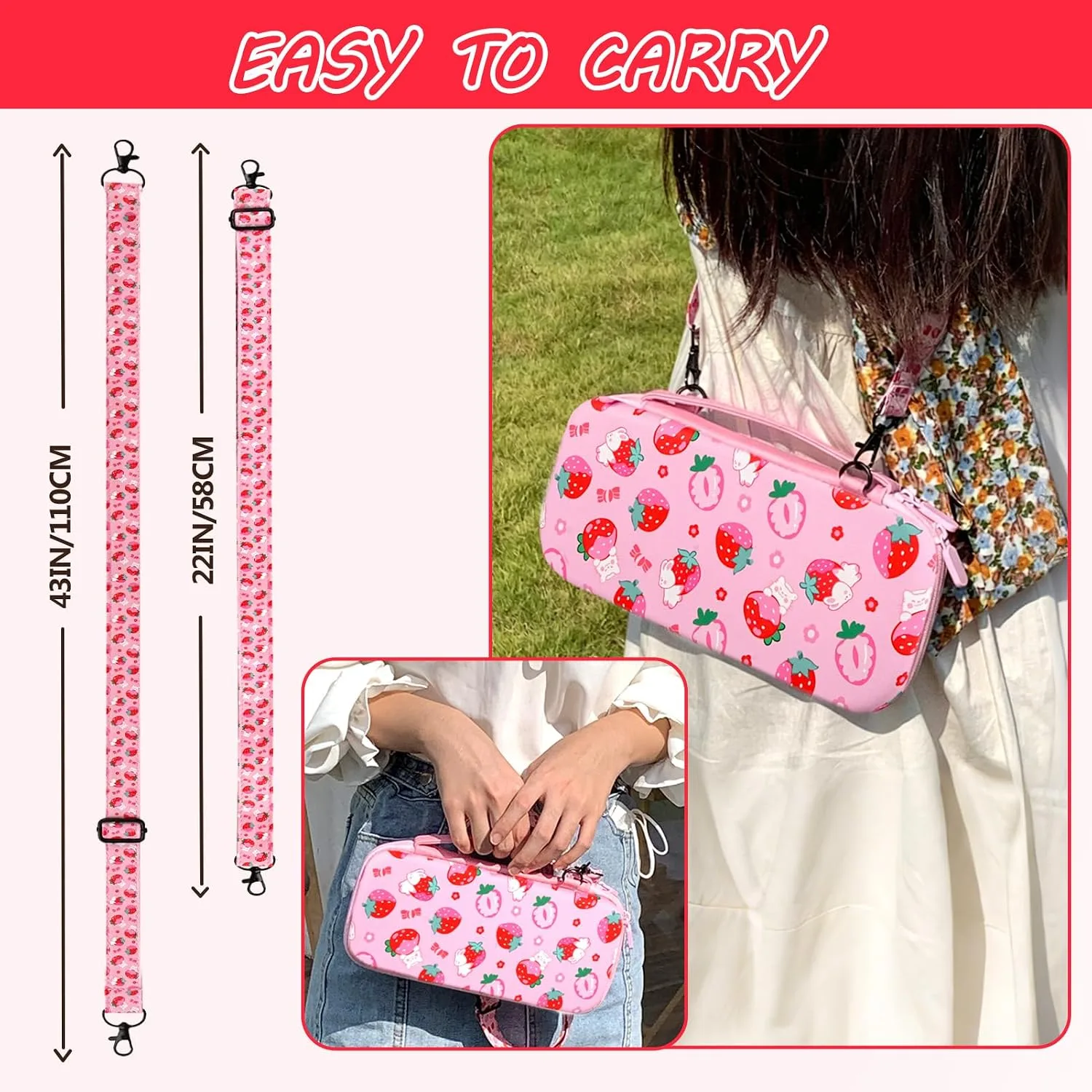 TIKOdirect Carrying Case for Switch 2, Cute Portable Bag Accessories with Soft Protective Case, Screen Protectors and Thumb Grip caps, Game Card Case 7in1, Pink Rabbit