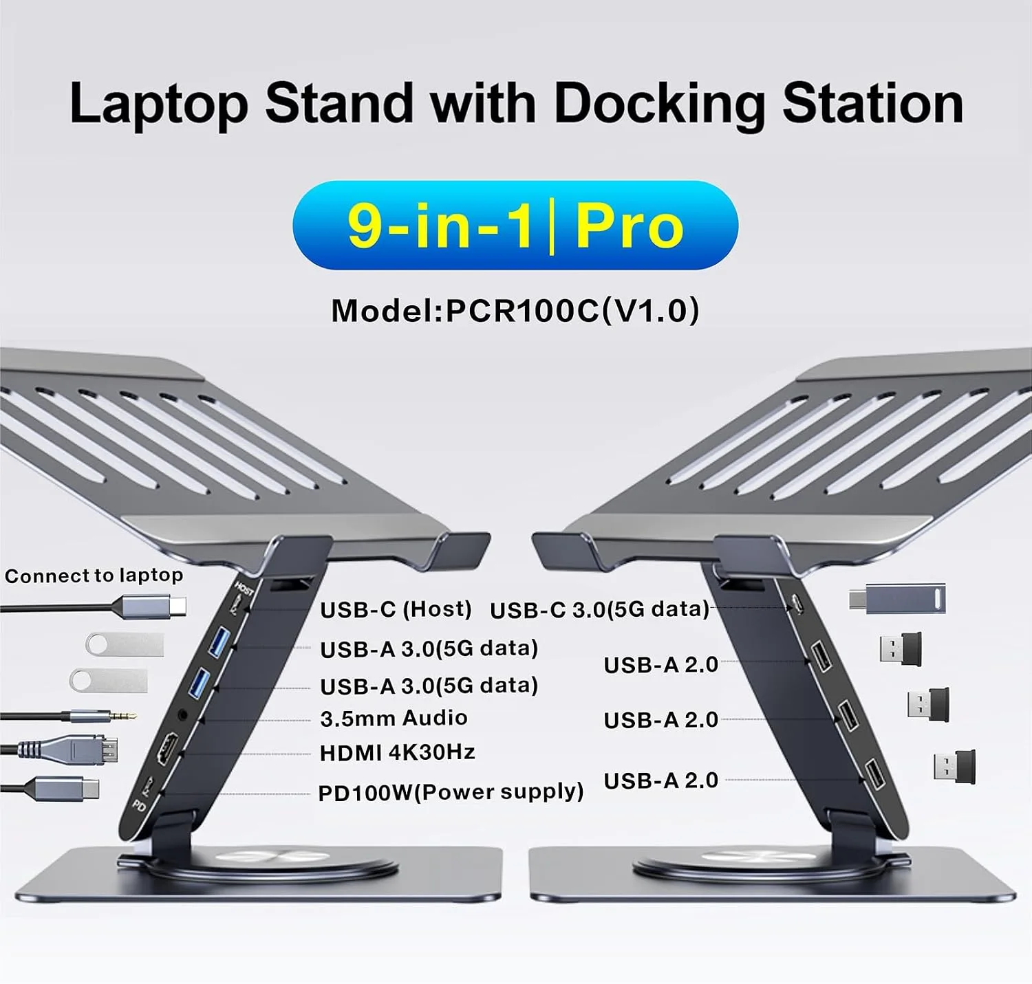 Laptop Docking Station Stand Dual Display 4K HDMI USB3.0 3.5mm Audio Jack 9-IN-1 360° Swivel Laptop Stand for Desk with USB-C Hub Multiport Adapter Universal for MacBook Pro/Air/Dell/HP/Surface/Lenovo