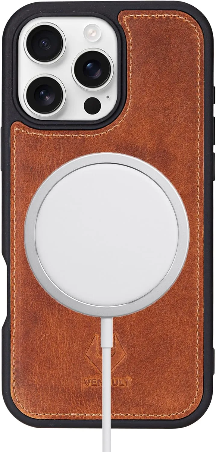 VENOULT Wallet Case for iPhone, Full Grain Genuine Turkish Leather, Magnetic Detachable, RFID 4 Card Slots, Business Style, Compatible with MagSafe (Almond, iPhone 16 Pro)