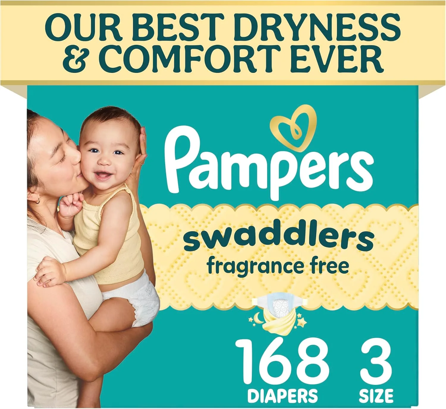 Pampers Swaddlers Diapers, Size 3 (13-26 lbs), 168 Count, Fragrance Free, Hypoallergenic, Absorbent, Pediatrician Recommended, Skin Safe