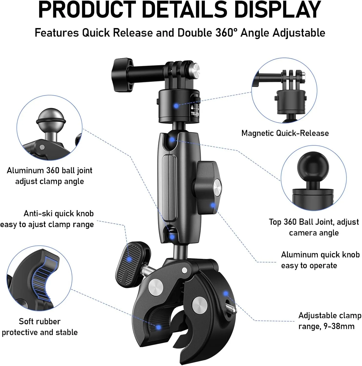 TELESIN S2 Quick Release Clamp Mount, Bike Motorcycle Handlebar Roll Bar Tube Clip Holder Attach Accessories for GoPro 13 12 11 10 9 8 Insta360 X5 X4 X3 GO3 Ace Pro 2 DJI Action 3 4 5 Pro Pocket 3