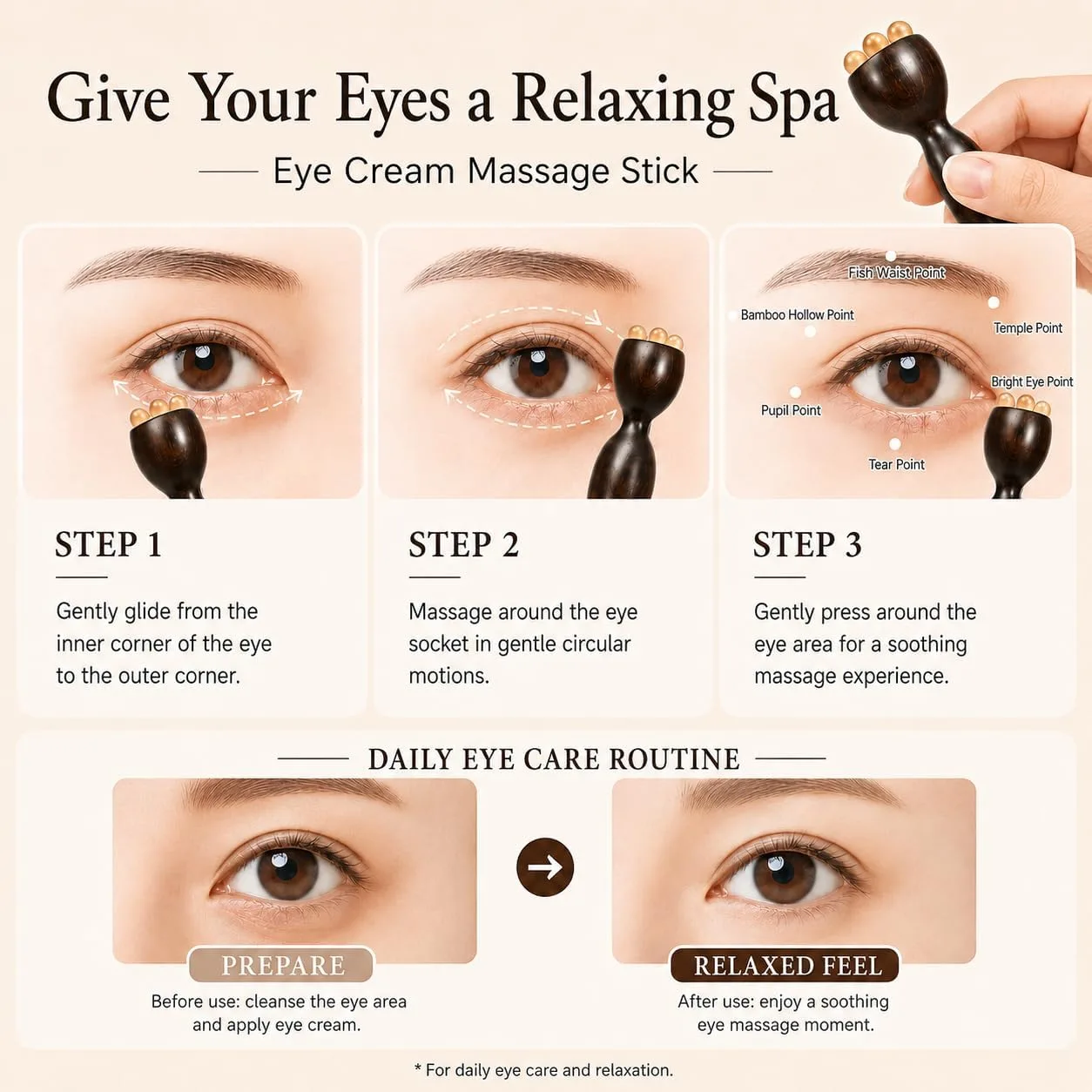 Eye Massage Tool, Sandalwood Eye Massager Tool with 5 Smooth Horn Beads, Dual-End Eye Roller Tool for Puffy-Looking Eyes, Eye Massage Stick for Face and Under Eye Self Care, 1 Pack