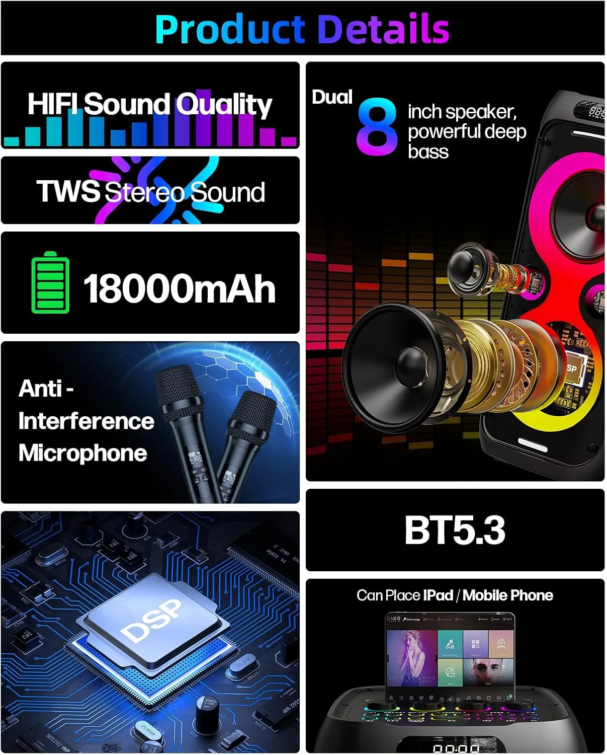 Karaoke Machine, Portable Bluetooth Speaker Bass Boost w/Double 8" Woofer