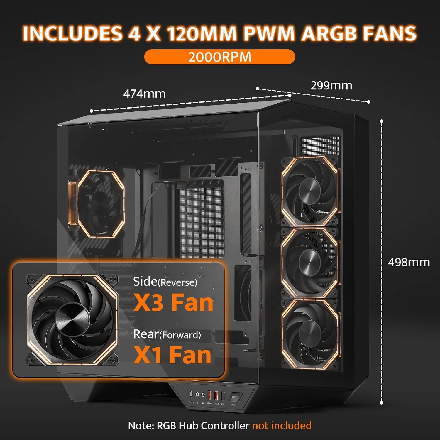 darkFlash DY470 Full-Tower ATX Gaming PC Case with 4 PWM ARGB Fans, Black
