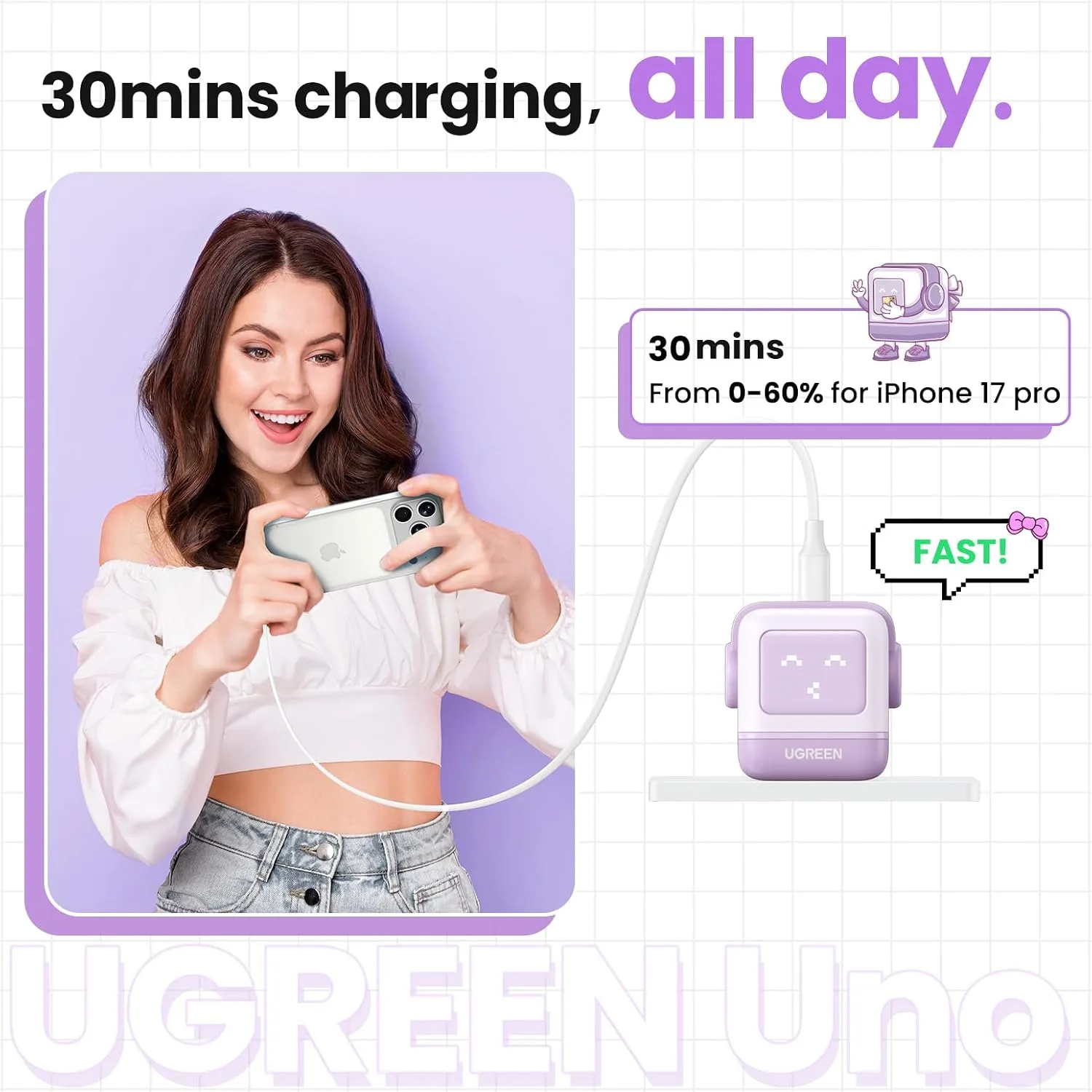 UGREEN Uno 30W USB C Charger, Compact Robot GaN Fast Charging Block, Purple
