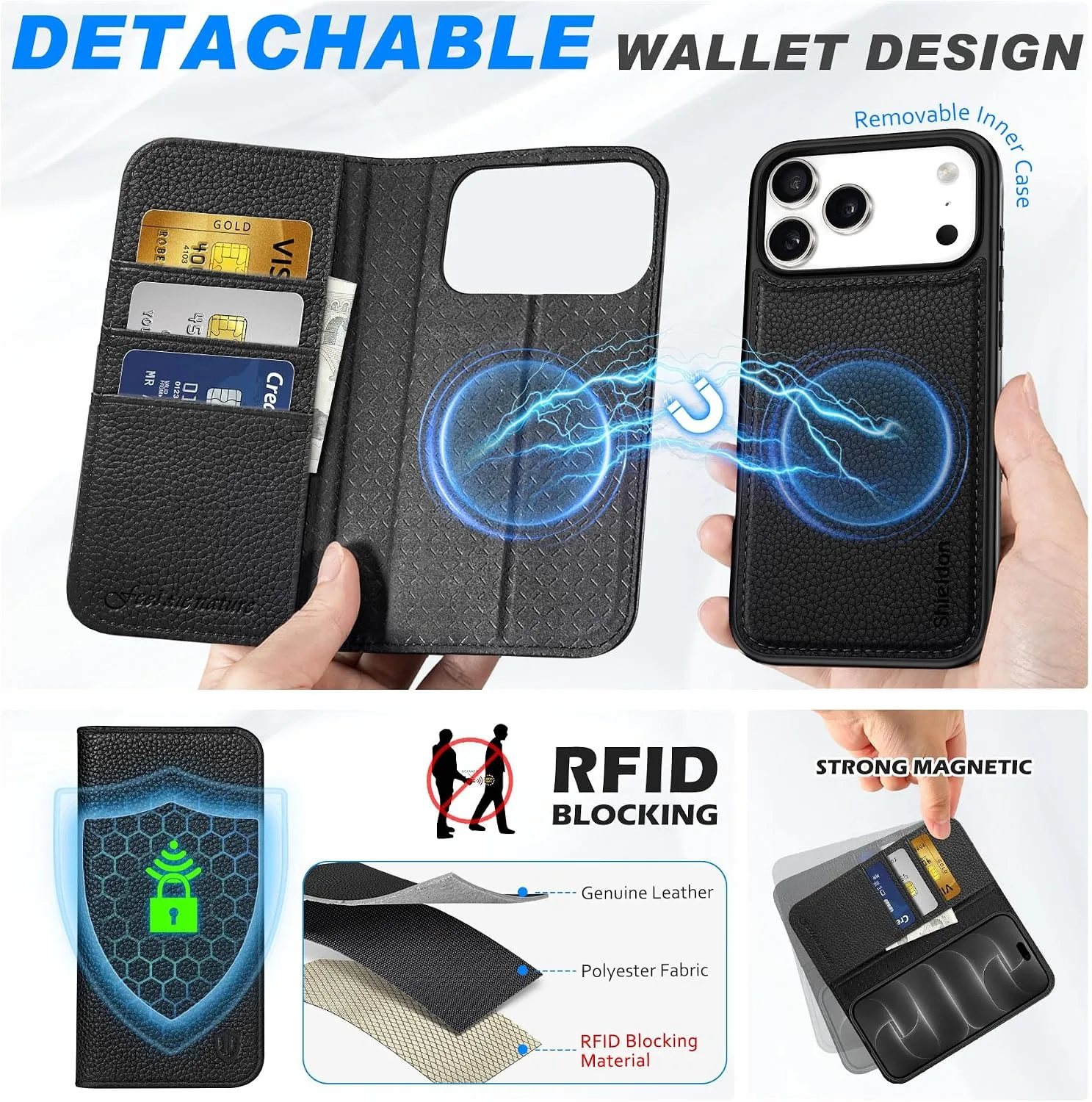 SHIELDON 2 in 1 Case Wallet for iPhone 18 Pro Max/17 Pro Max, Pebbled Black