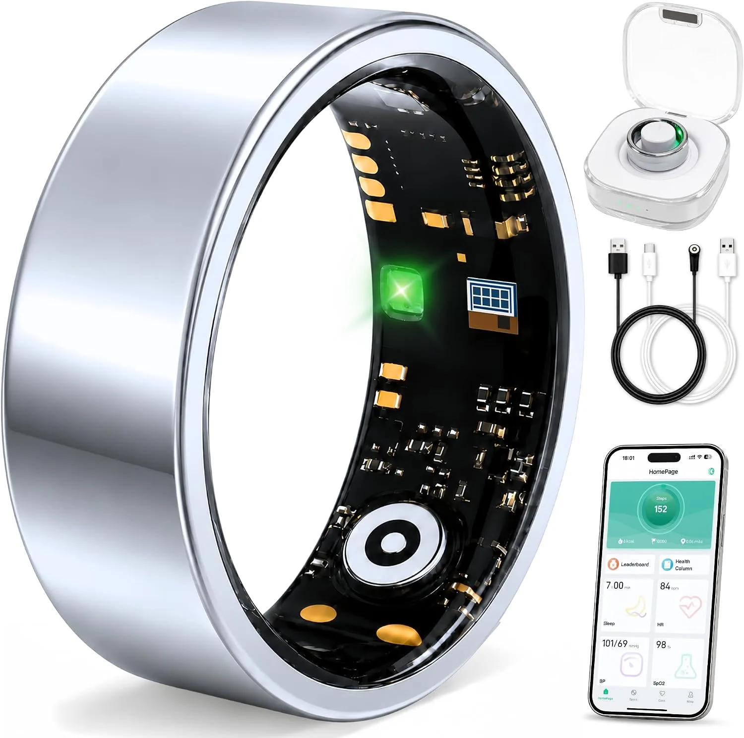Smart Ring for Women & Men, Sleep and Fitness Tracker (Silver, 6)