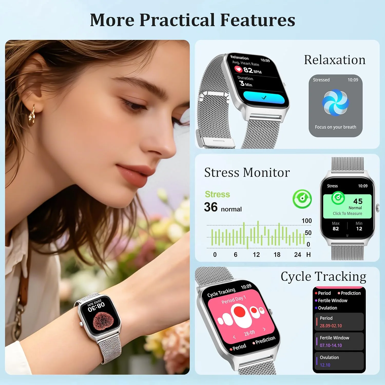 Smart Watch Women Men, 1.85" Reloj Inteligente para mujer hombre, Make/ Answer Call, Health Monitor/Blood Pressure, 110+ Sports Modes, Voice Control, IP68 Waterproof Compatible with Android & iPhone