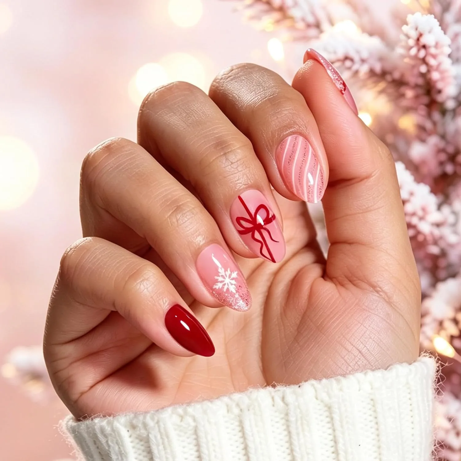 Beetles Christmas Press On Nails with Glue, 32 PCS Short Almond