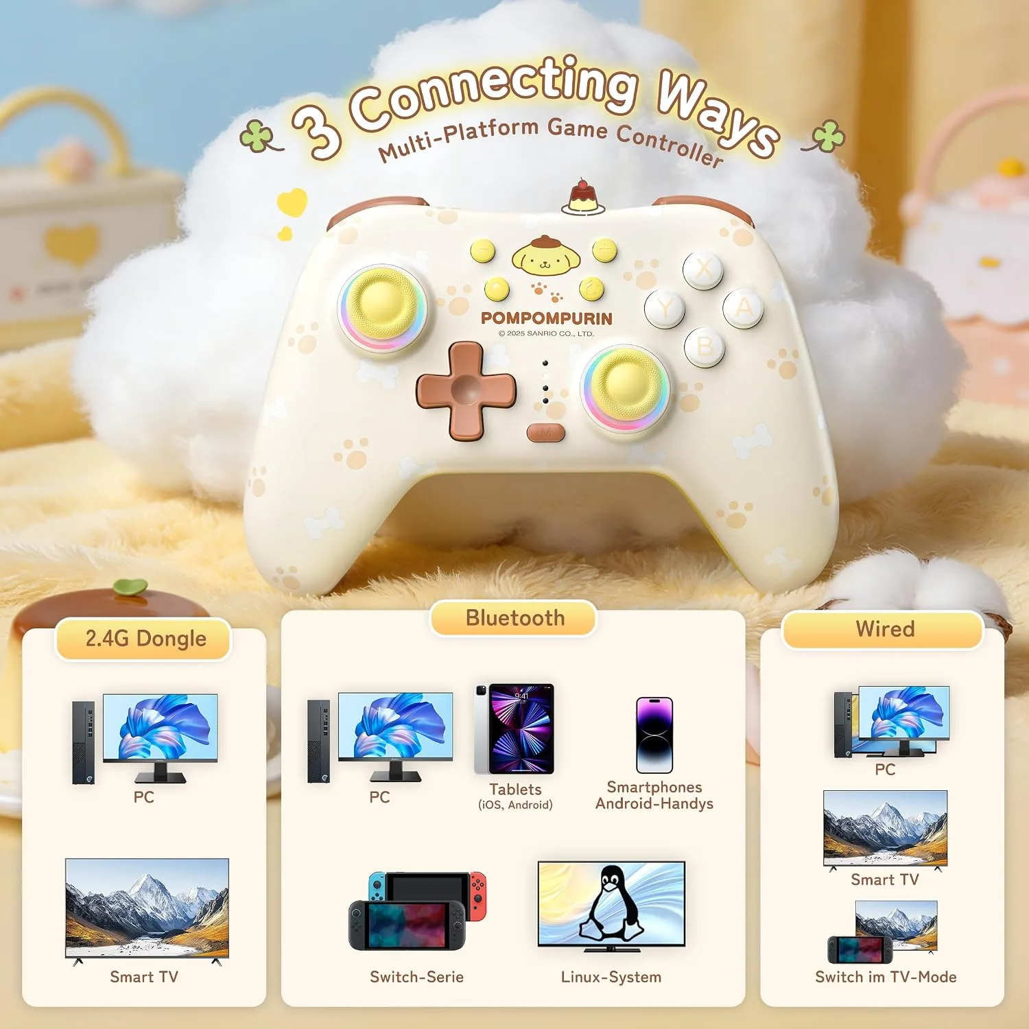 Kuitmor Pompompurin Switch Pro Controller, Cute Hall Effect Wireless Gamepad No Drift for Switch 2/Switch/OLED/Lite, PC/Steam, Android, iOS, Bluetooth + Wired, Turbo, Back Buttons, 6-Aixs Gyro, Wake-up, RGB (Yellow, Without 2.4g Receiver)