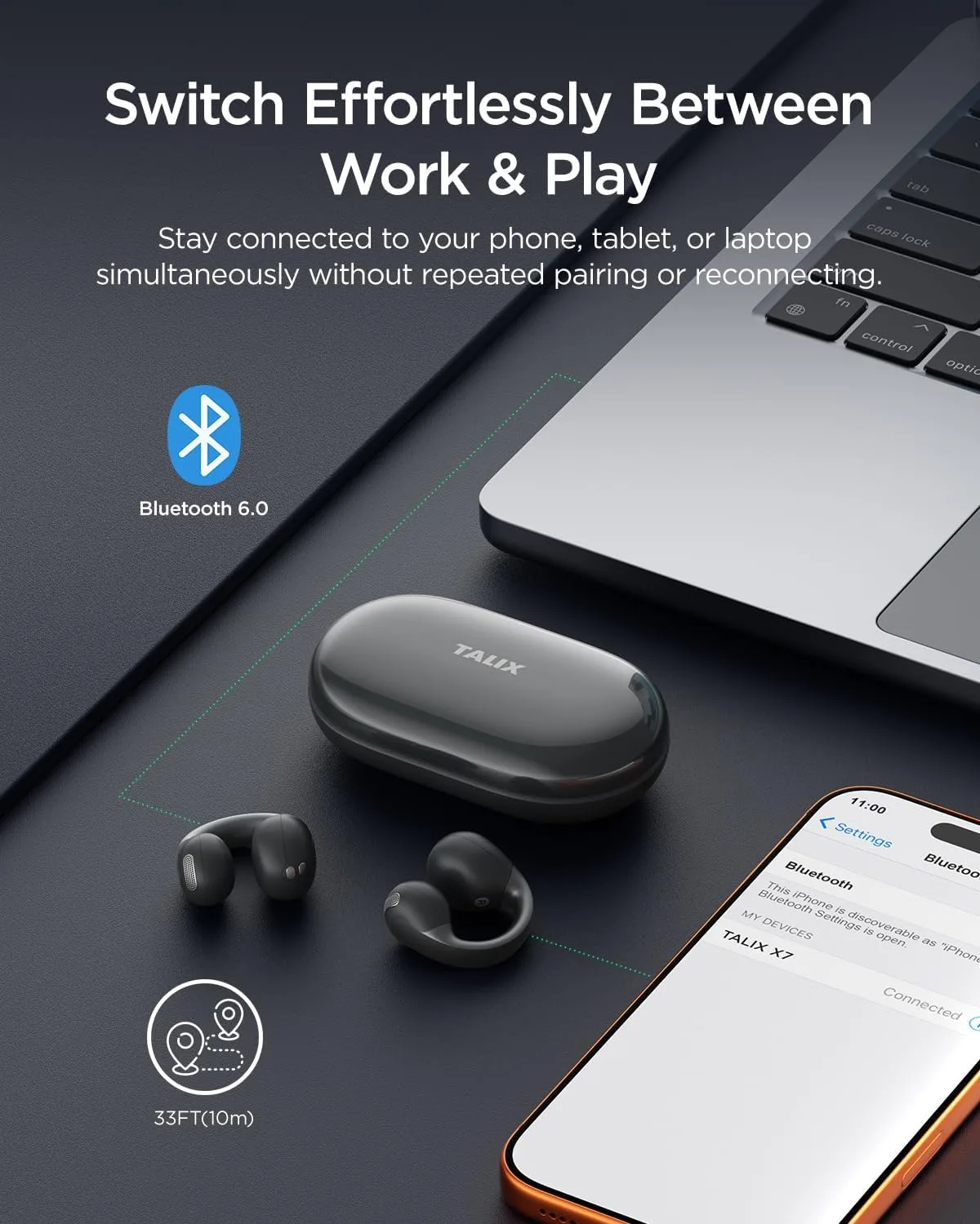 Open Ear Earbuds, Clip-On Design, Wireless Bluetooth 6.0 X7, Black