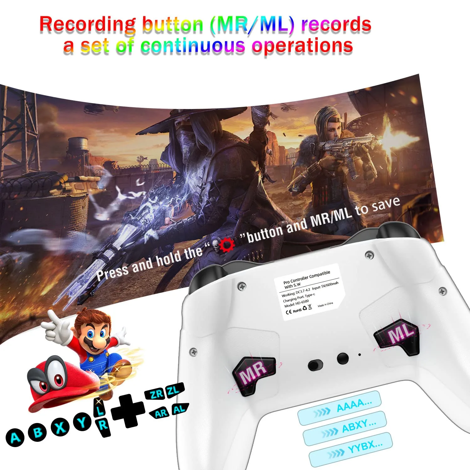 Bluetooth Controller for Switch/Mac/PC/Steam/Mobile Phone/iOS/Android//TV/iPad/Table/Apple Arcade MFi Games, switch pro controller wireless with Adjustable Dual Motion,Turbo,Macros,6-Axis,Wake Up for Black Myth: Wukong (Black) (Purple) (White Black with clip)