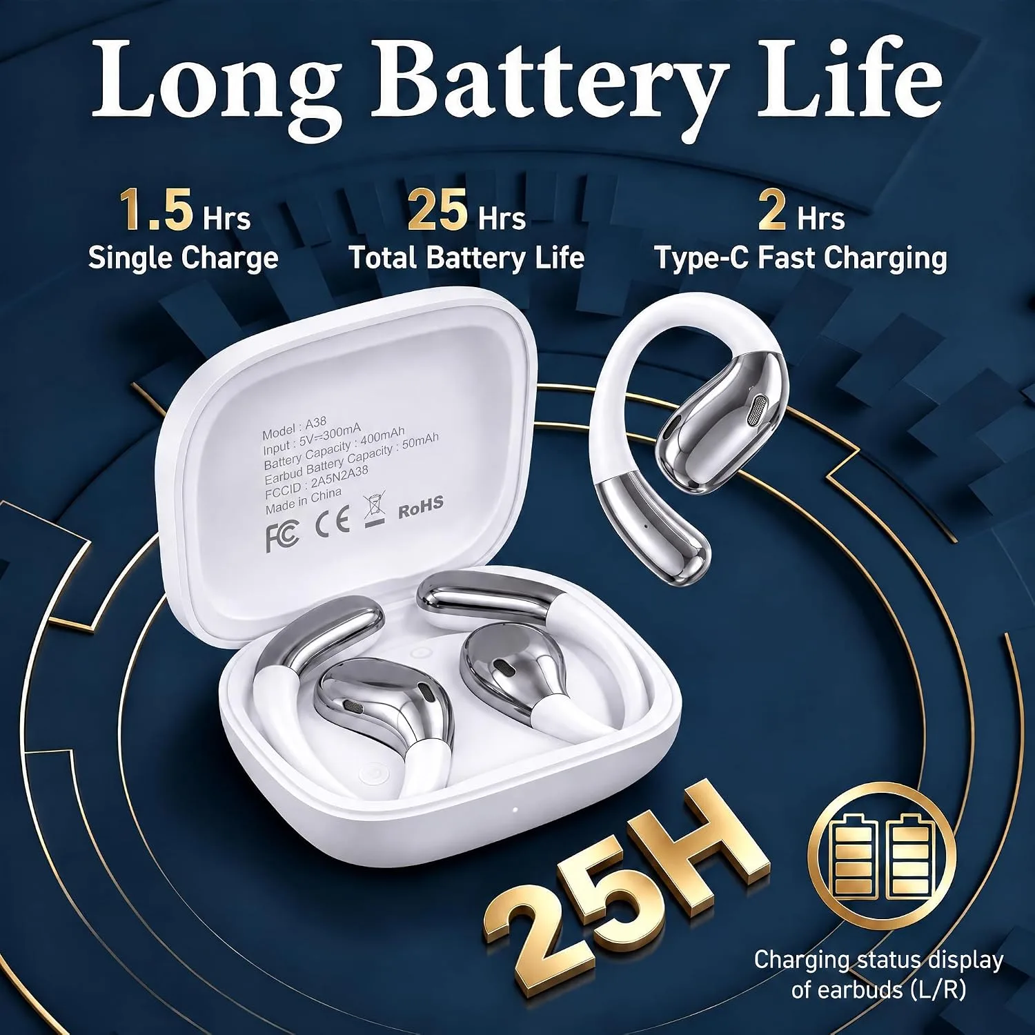 Open Ear Headphones, Wireless Headphones with Waterproof & Mic（White）