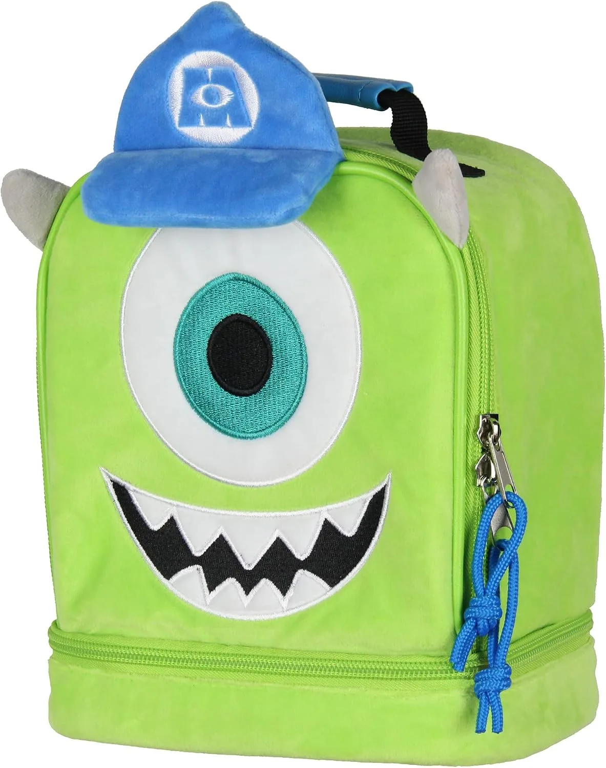 Disney Monsters Inc Lunch Box Mike Wazowski Plush Fuzzy Embroidered Face 3D Ears and Hat Insulated Lunch Bag Tote For Hot And Cold Food 9"