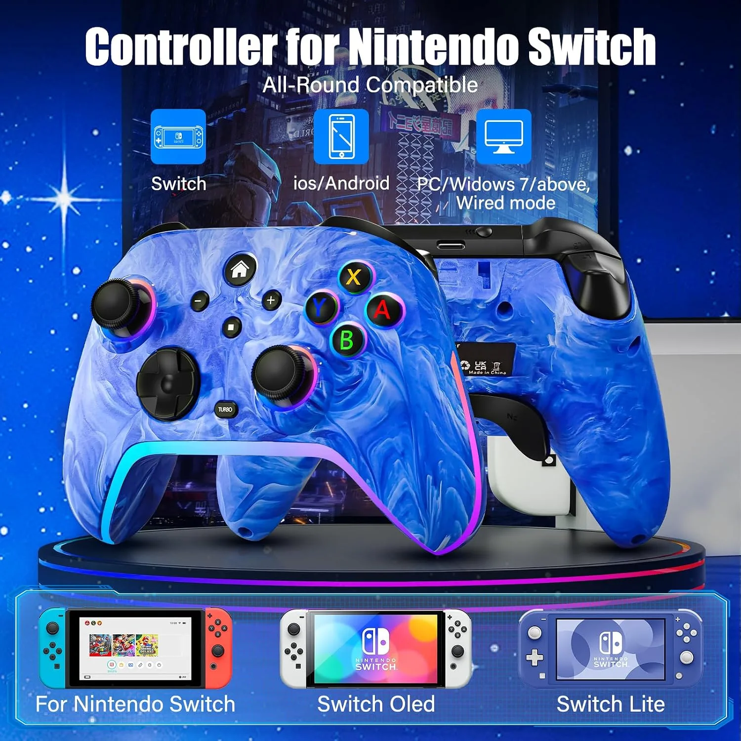 JAVRUNWOF Switch Controller-Wireless-Switch-Pro-Controllers-Blue Compatible with Switch/Lite/OLED,1200mAh Rechargeable Remote Gamepad Joystick with 10 RGB Led Light,6-Axis Gyro,Turbo,Wake Up,Motion