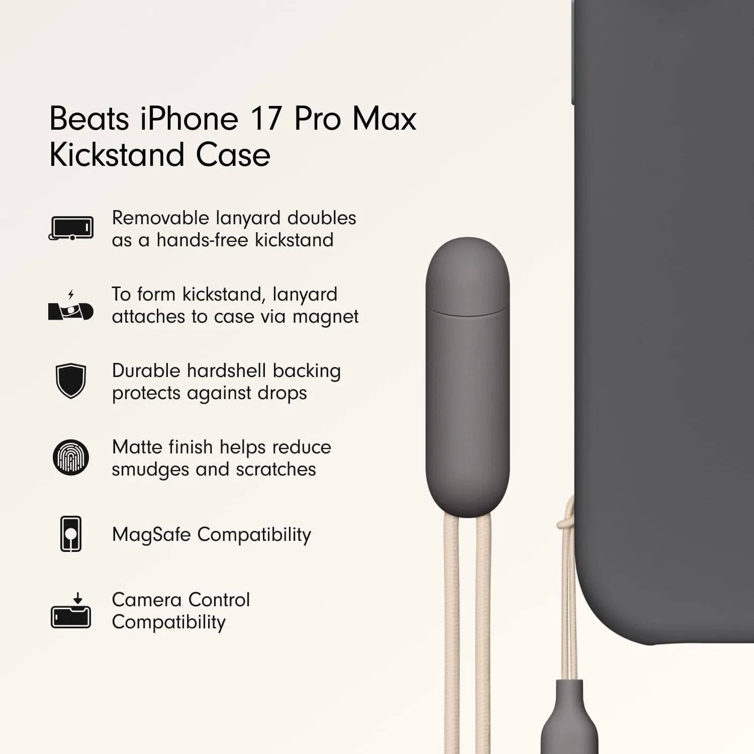 Beats iPhone 17 Pro Max Kickstand Case with MagSafe & Camera Control, Built in Stand & Lanyard, Matte Finish with Microfiber Lining – Granite Gray
