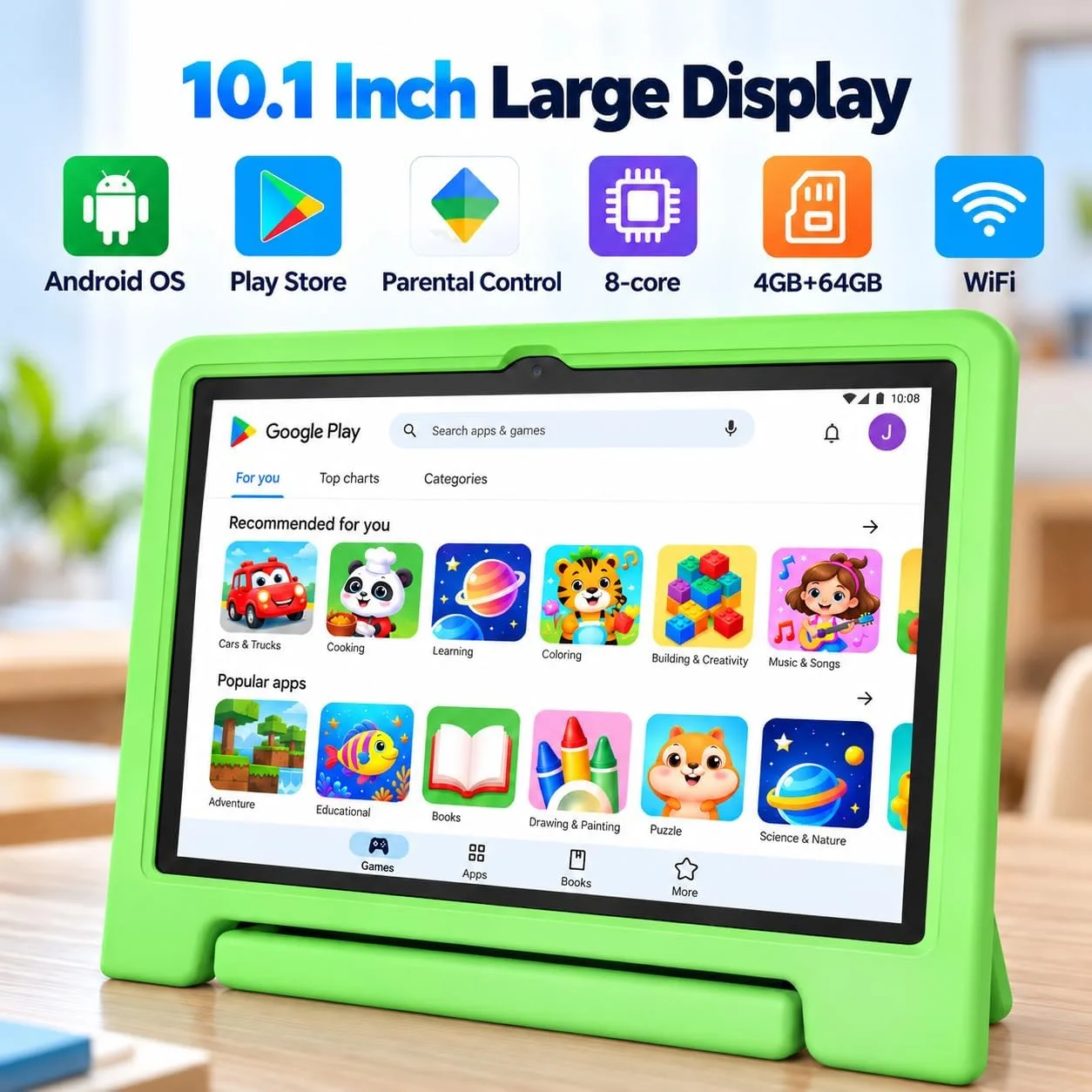 JREN
10.1"
Android
15
Tablet
with
Case,
64GB
Storage,Octa-Core
Green