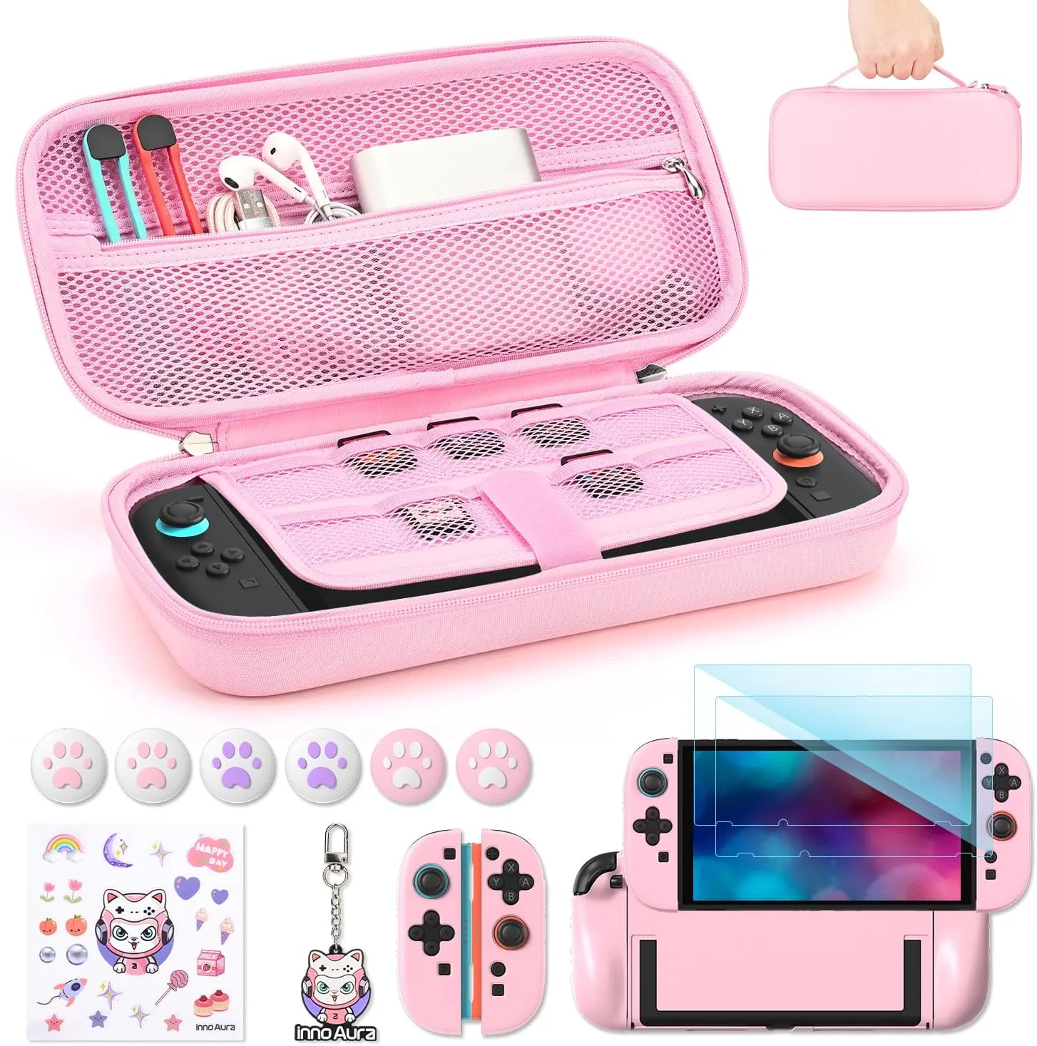 innoAura Switch 2 Case 14-in-1 Bundle for NS Switch 2 (2025), with Carrying Case, Protective Cover, Thumb Grips, Screen Protector, Cute Pendant and Sticker, Pink