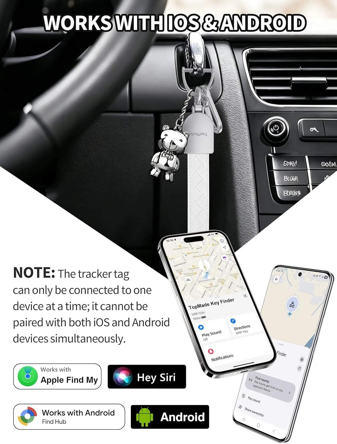 Smart Keychain Tracker (iOS & Android), Car Key Finder, White & Silver