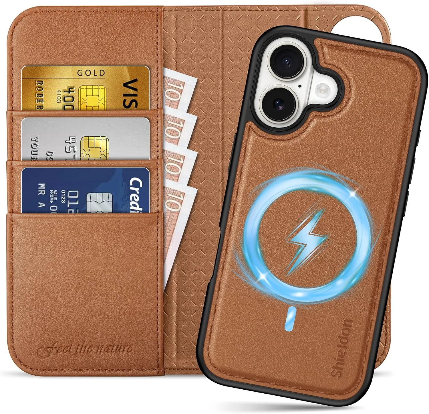 SHIELDON 2 in 1 Real Leather Case Wallet for iPhone 17 6.3", Saddle Brown