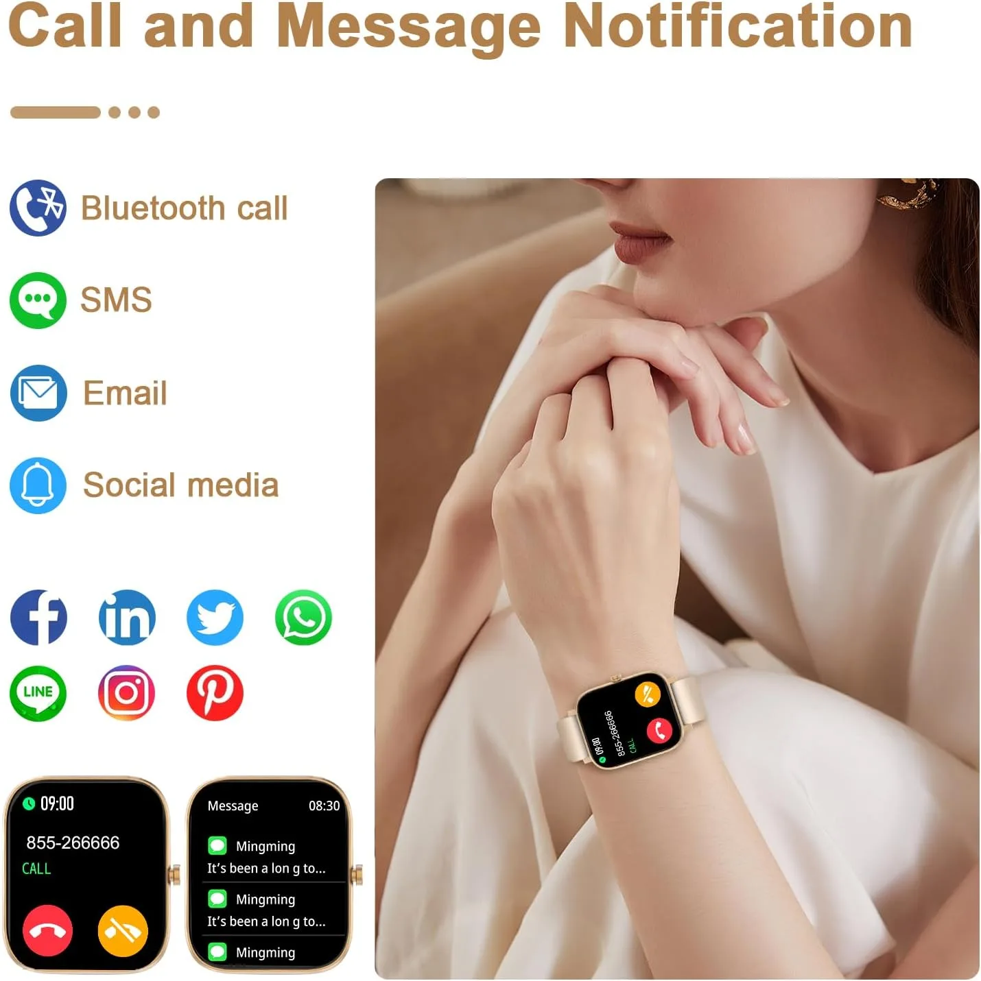 Smart Watch for Men Women Compatible with iPhone Samsung Android Phone 1.69 inch Full Touch Screen IP68 Waterproof Bluetooh Fitness Tracker Heart Rate/Sleep Monitor (Gold)