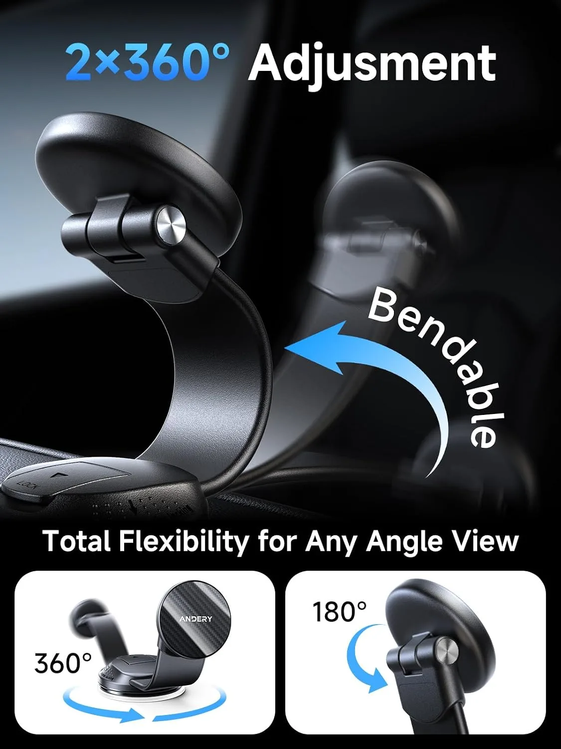 ANDERY Car Phone Holder for MagSafe [360° Adjustable Memory Alloy Arm | 2400gf Strongest Magnetic Power] Bendable Desk & Car Mount, Phone Holders for Your Car for iPhone and Smartphones, Carbon Fiber