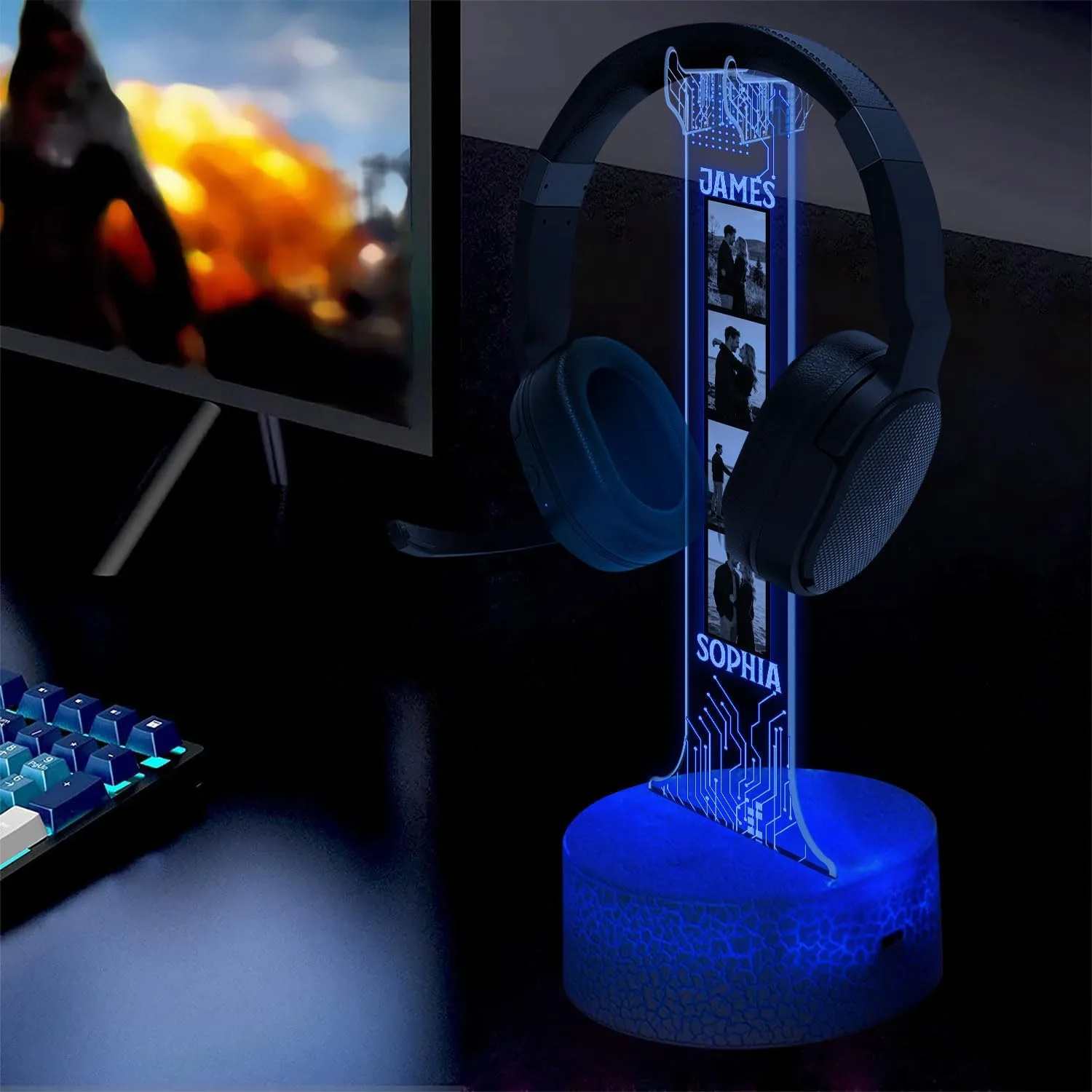 Personalized Headphone Led Night Light, Custom Photo RGB Light Headset Holder, Gift for Couple, Boyfriend Gifts, Headphone Display with Photos, Gamers Room Decor, Valentines Day Gifts