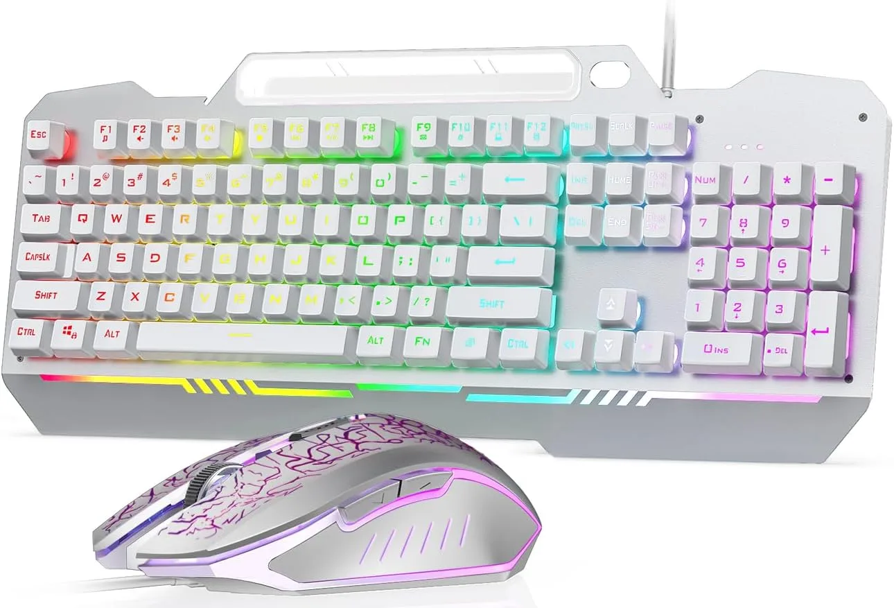 Teclado Gamer Aula T102 Combo con Mouse USB Cableado RGB Blanco