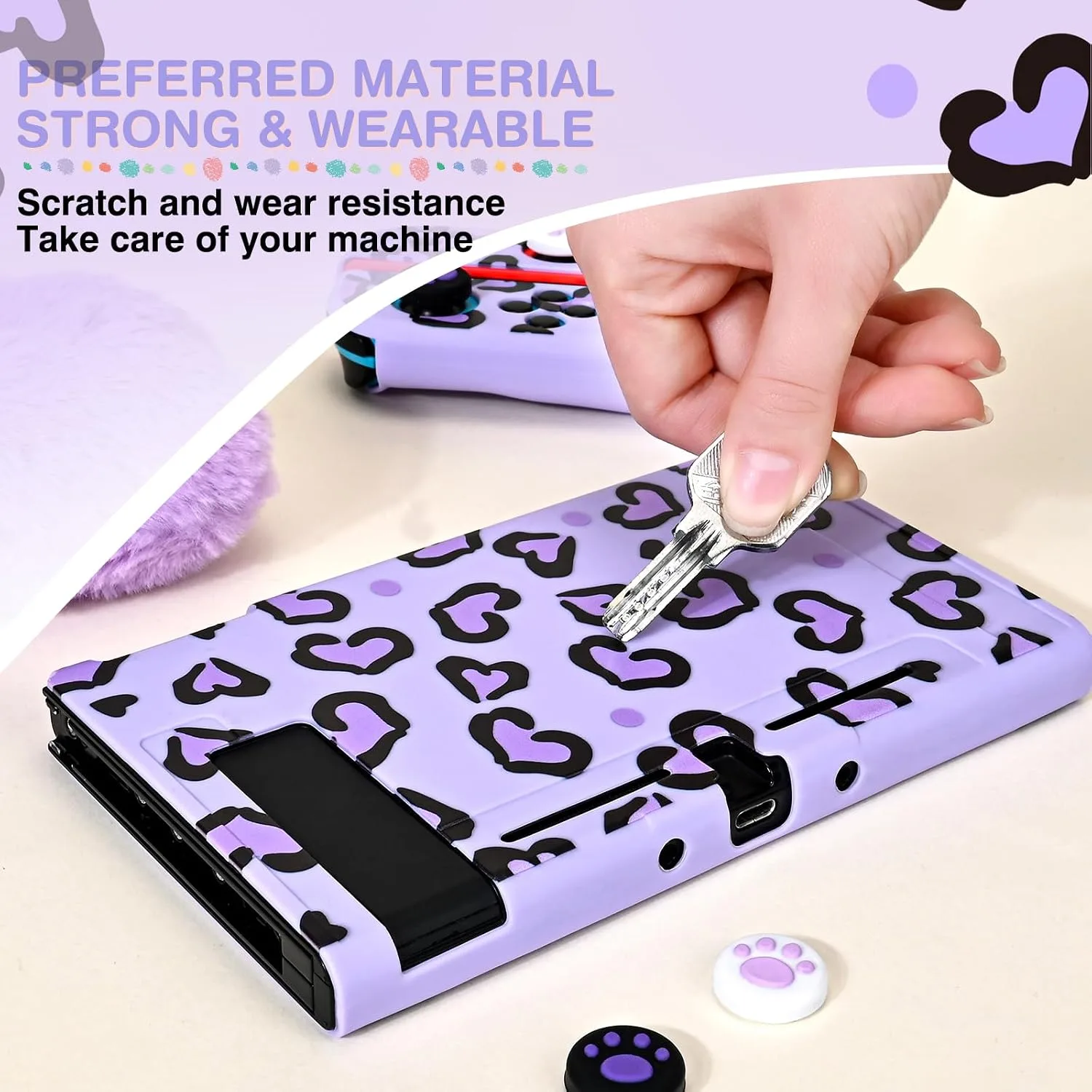 DLseego Love Heart Leopard Carrying Case for Switch 2017 Accessories Set, Portable Carrying Case with 1 Soft TPU Shell & 1PCS Plush Heart Pendant & 12 Slots & 4PCS Cat Paw Thumb Grips Caps- Purple