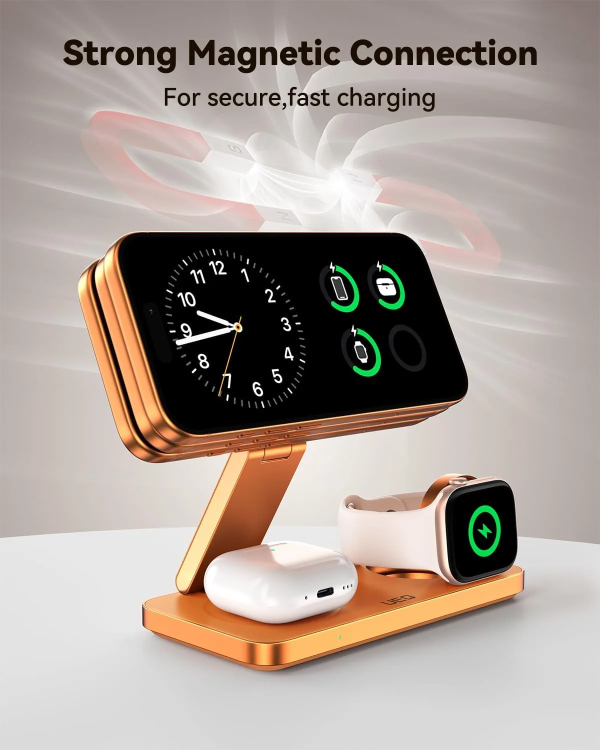UEQ Foldable 3 in 1 Wireless Charging Station for Apple Mag Safe Charger Stand,Fast Magnetic Wireless Charger Station for iPhone 17 Air 16 15 14 13 12 Series,Airpods Pro,Apple Watch Ultra (Orange)
