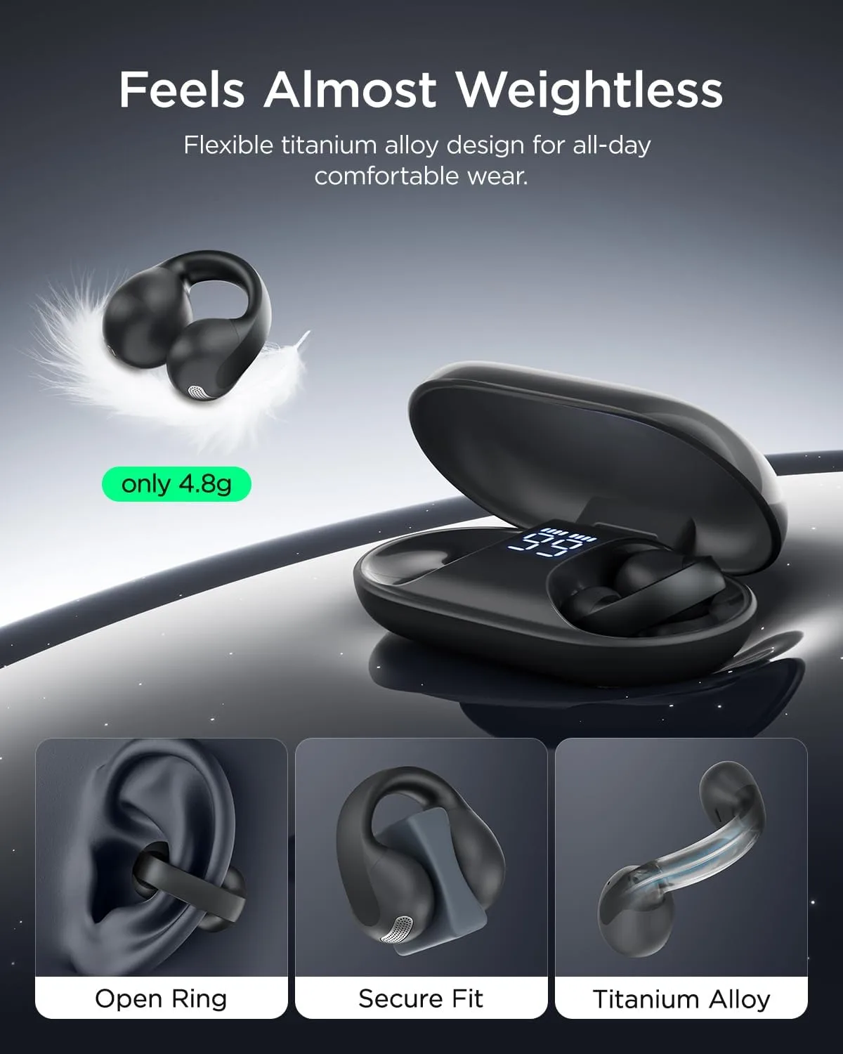 Open Ear Earbuds, Clip-On Design, Wireless Bluetooth 6.0 X7, Black