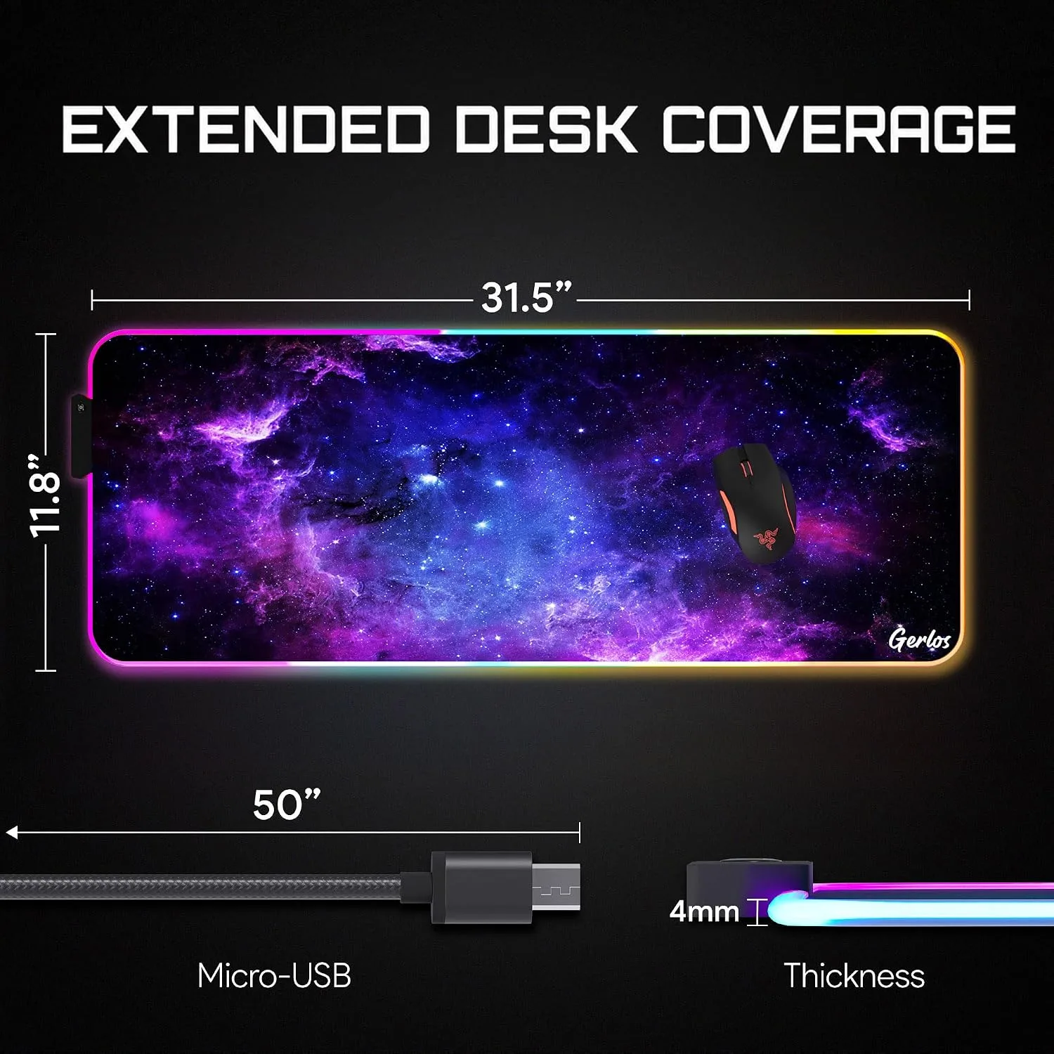 Gerlos RGB Gaming Mouse Pad, Large LED Mouse Pad for Gamer, 31.5" x 11.8"