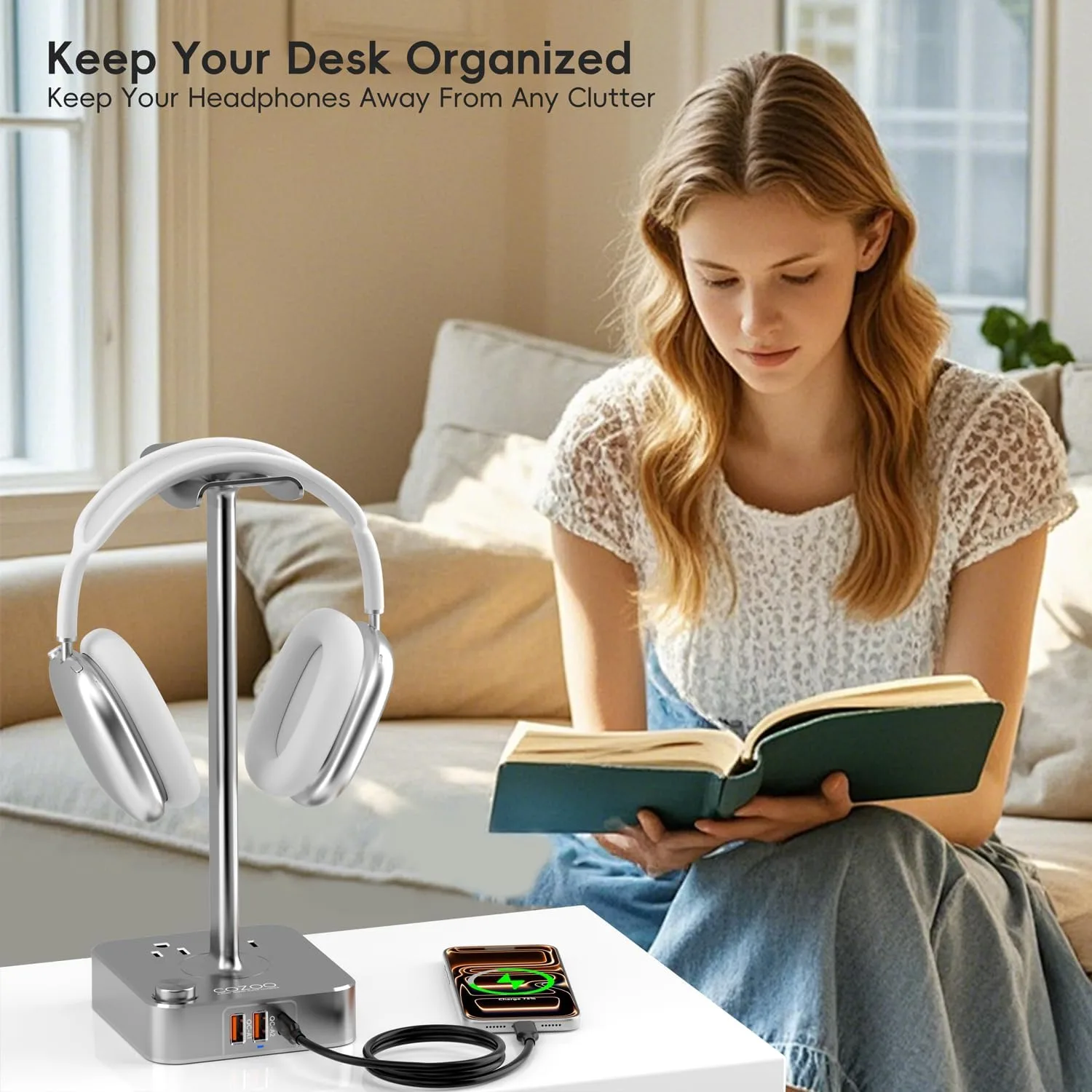 cozoo Headphone Stand with Charger, USB C, Gifts for Gamers Men, Gray