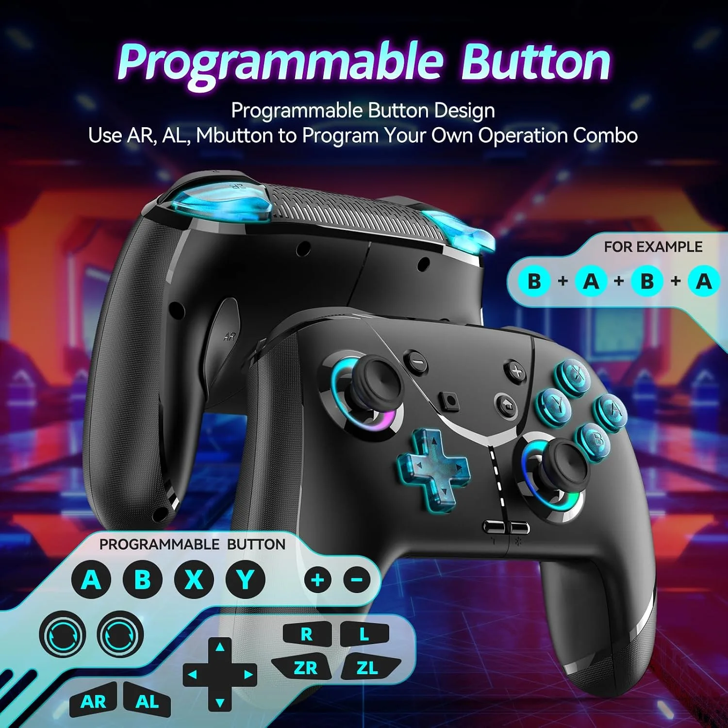 Switch Controller, Wireless Pro Controller for Nintendo Switch 2/Switch/Lite/OLED, Bluetooth controllers Compatible with iPhone/Mac/iPad/iOS/Android/Phone/PC/Steam and TV with Programming/RGB4/Vibration / 3 Turbo Modes/6-Axis/Motion(Black Pro)