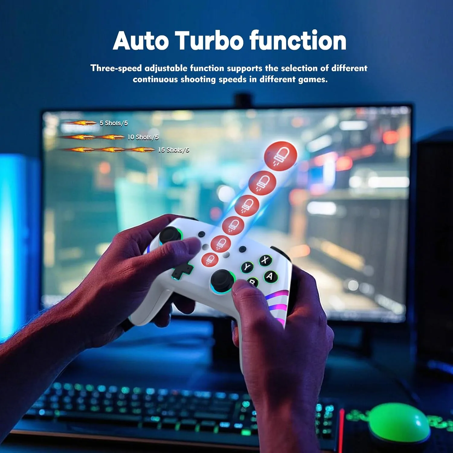 MYSTILUCK Wireless Pro Controller for Switch/Switch 2/Lite/OLED/PC, Gamepad with 7 Color-Changing RGB Lighting/Dual Vibration/6-Axis Gyroscope/Turbo, Ergonomically Designed Precise Joystick - White