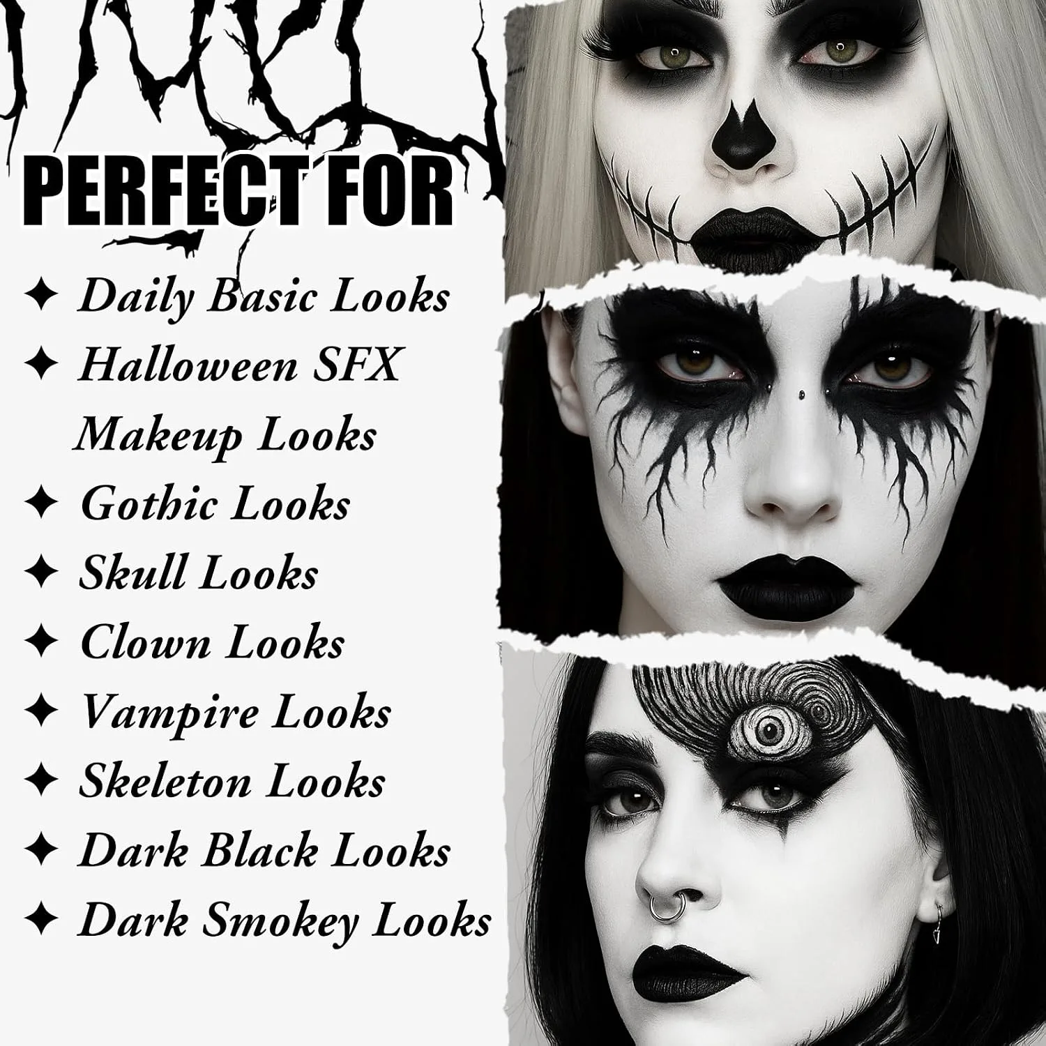 UCANBE Halloween Makeup Kit – Black Eyeshadow, White Liquid Foundation, Black Liquid Lipstick & Eyeliner, Self Adhensive Eyelashes, Brush & Sponges Makeup Set for SFX Cosplay Skeleton Skull Demon