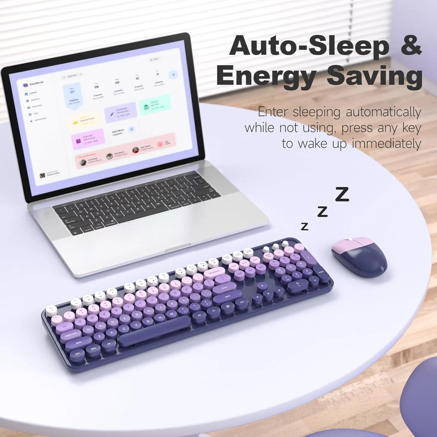 MOFII Wireless Keyboard and Mouse Combo, Full Size 2.4G Plug and Play Typewriter Retro Round Computer Keyboard and Mouse Set for Windows, Computer, Desktop, PC, Notebook - (Purple Gradient)