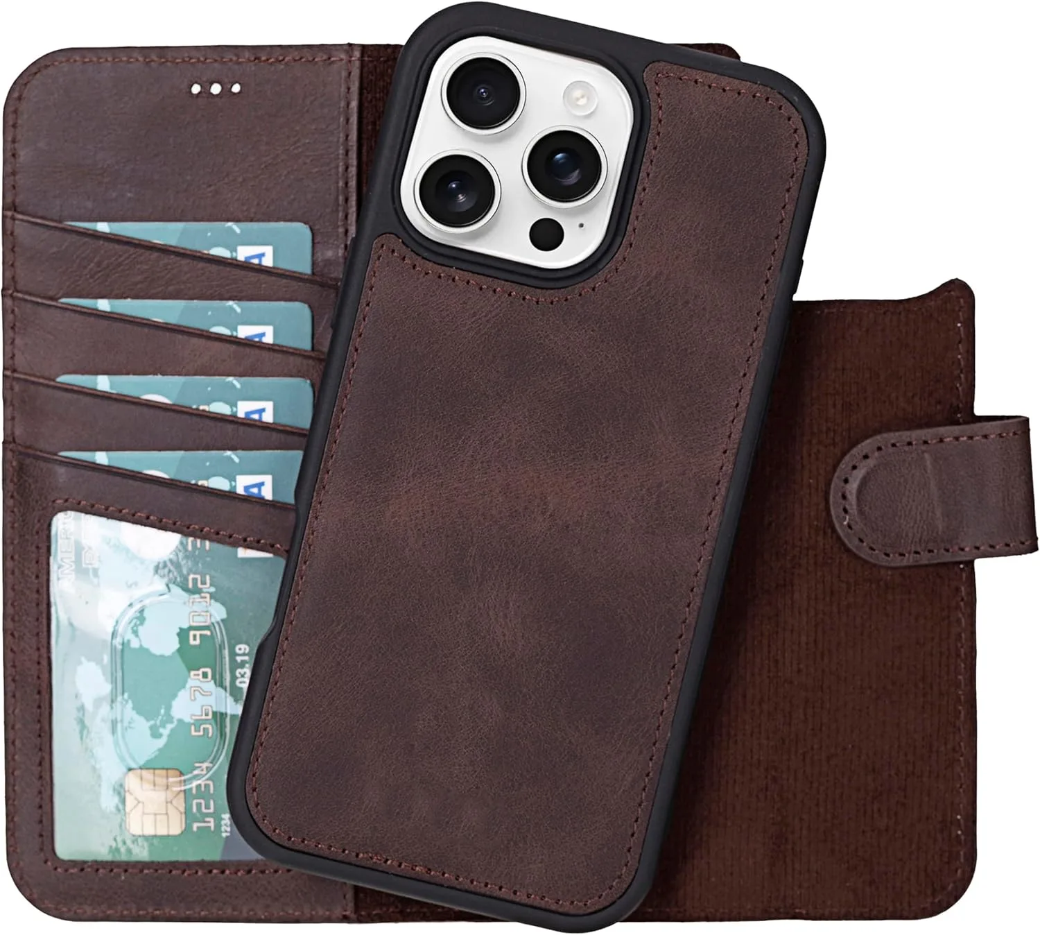 VENOULT Wallet Case for iPhone, Full Grain Genuine Turkish Leather, Magnetic Detachable, RFID 4 Card Slots, Business Style, Compatible with MagSafe (Chocolate, iPhone 16 Pro MAX)
