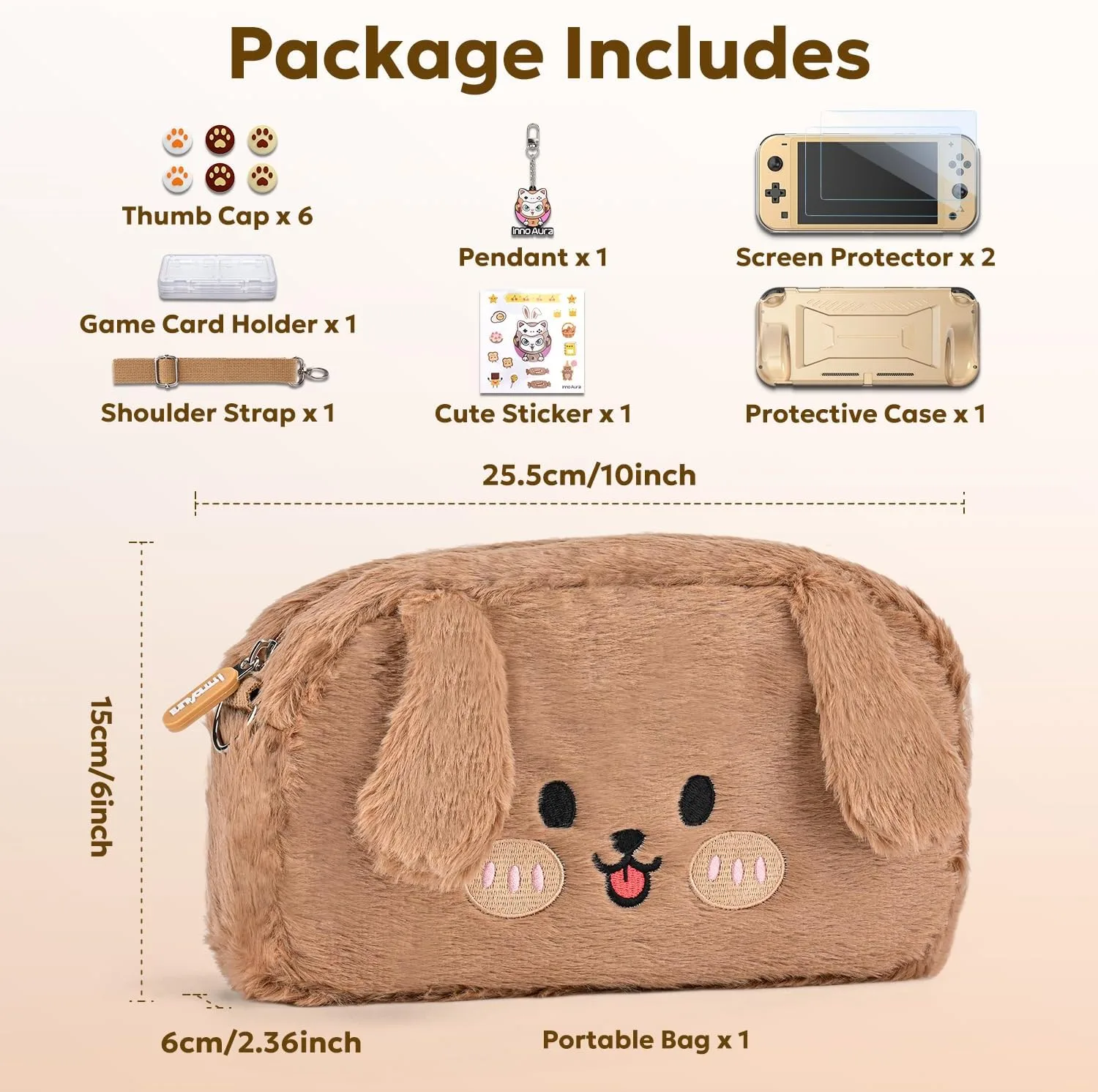 innoAura Switch Lite Case 14-in-1 Accessories Bundle for NS Switch Lite (2019), with Protective Carrying Case, Game Holder, Screen Protector & Cute Thumb Grips, Brown Dog Plush Bag