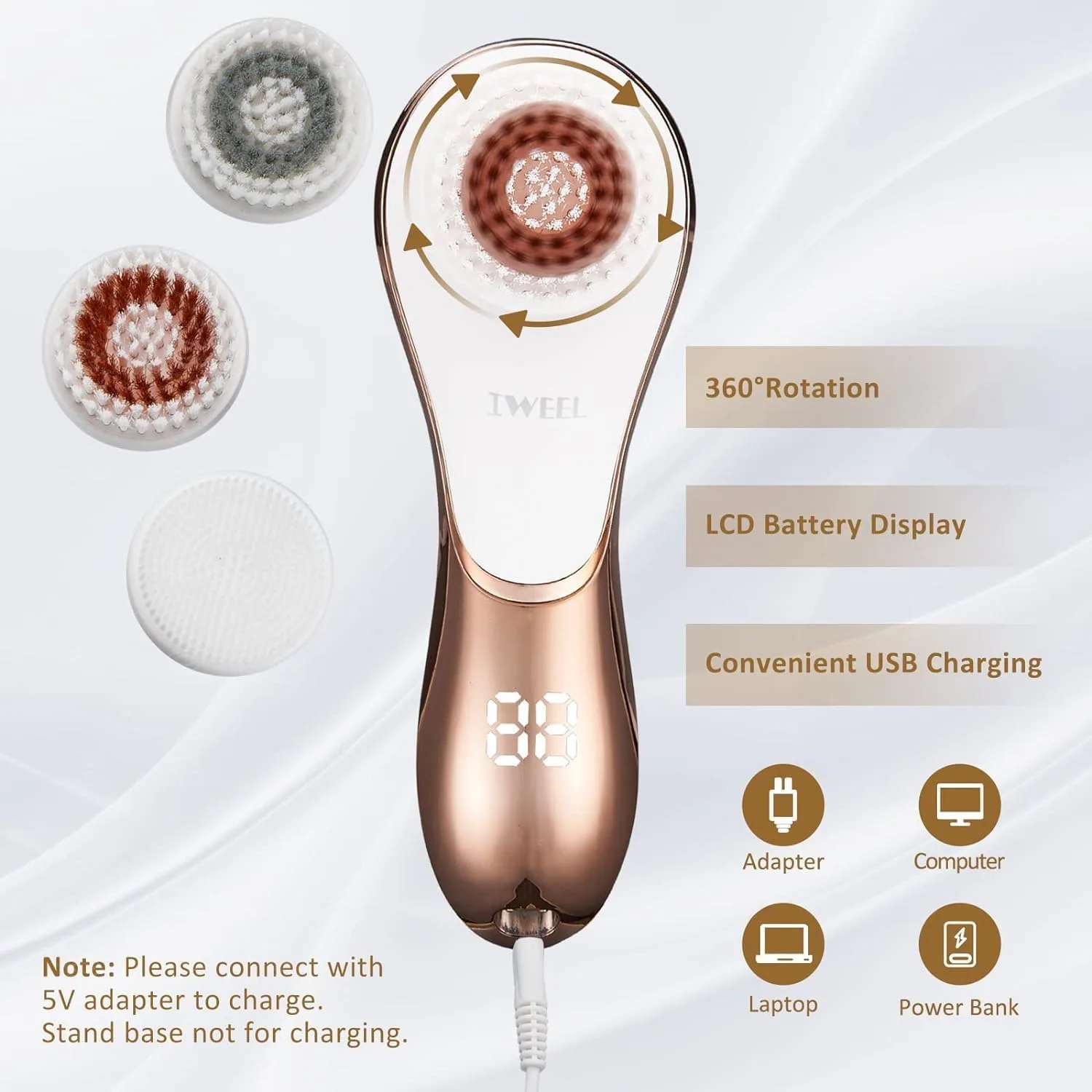 Facial Cleansing Brush Electric Face Scrubber with 4 Brush Heads