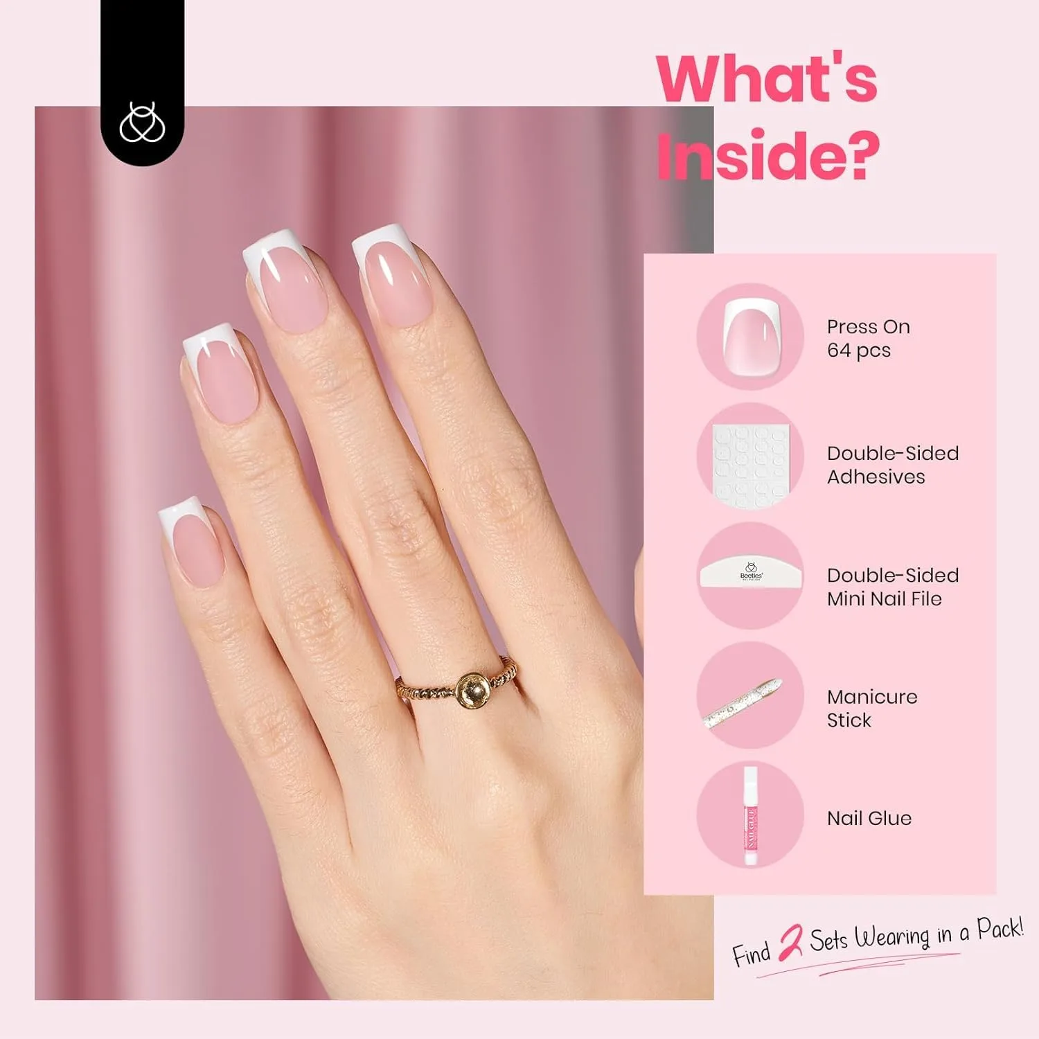 Beetles Short Squoval French Tip Press On Nails, Pink 64 Pcs 16 Sizes