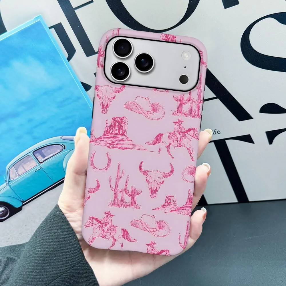 Case Compatible with iPhone 18 Pro Max/iPhone 17 Pro Max,Fall Prevention Hybrid 2-Layer Hard Shell Phone Cover for Girls Boys,Pink Hat Horse Western Cowboy