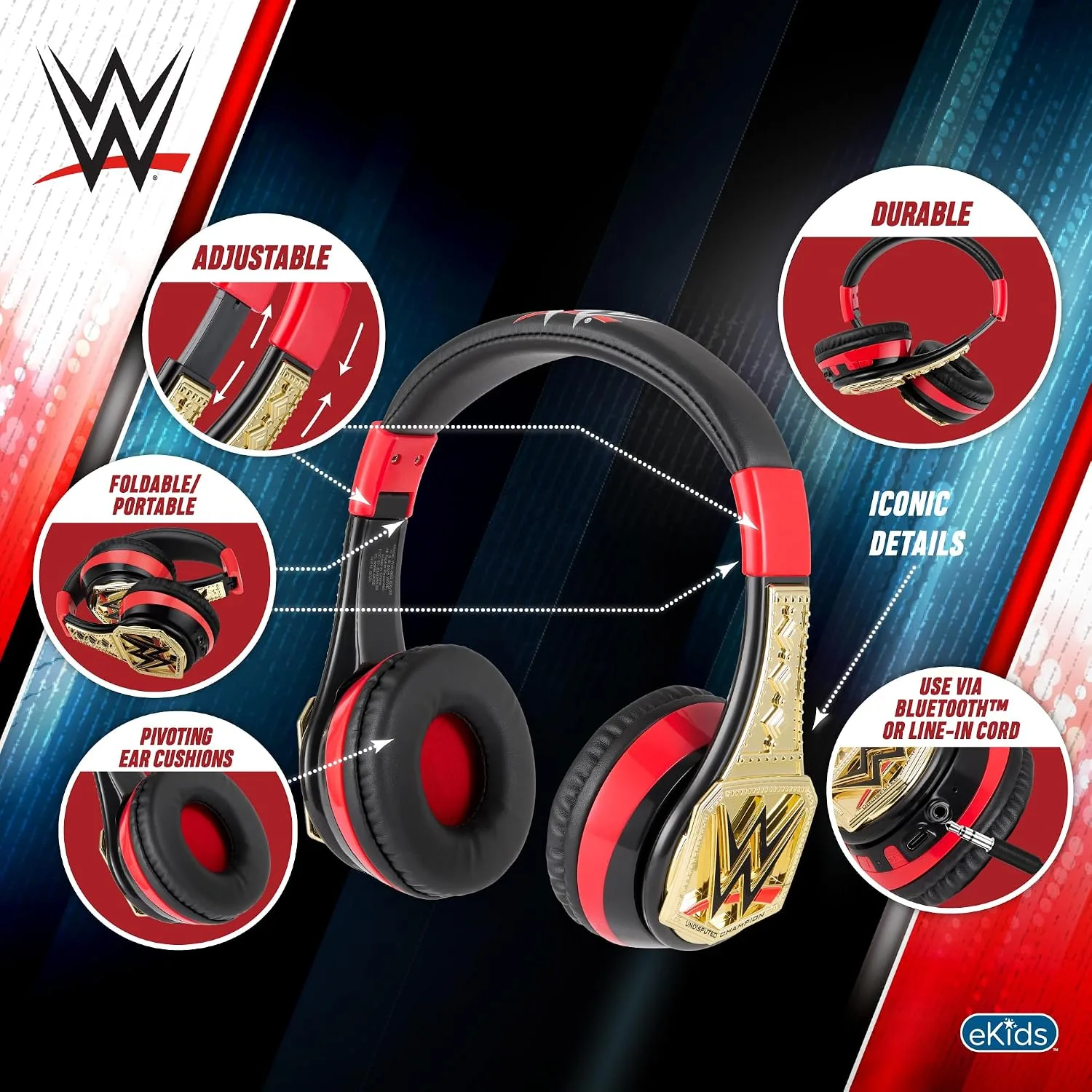 WWE Bluetooth Headphones for Kids, Wireless Headphones for School