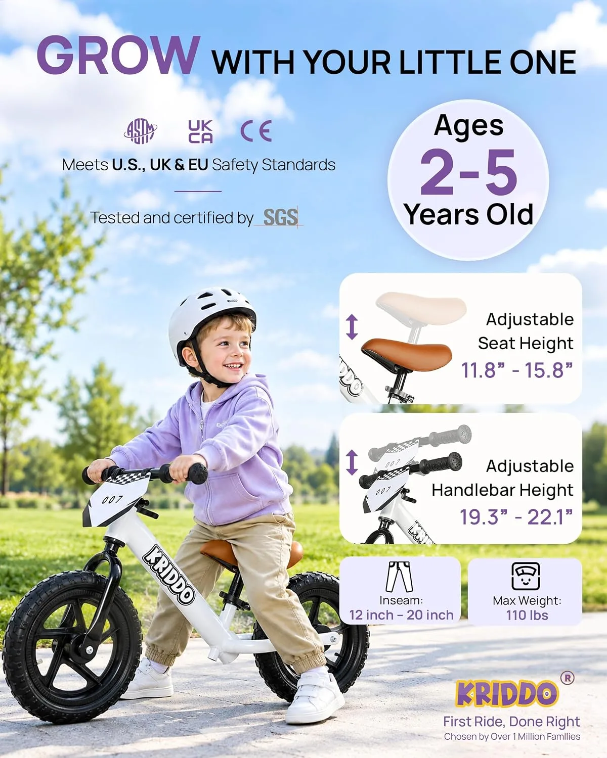 KRIDDO Toddler Balance Bike 2 Year Old, Gift for 2-3 Boys Girls, Adjustable