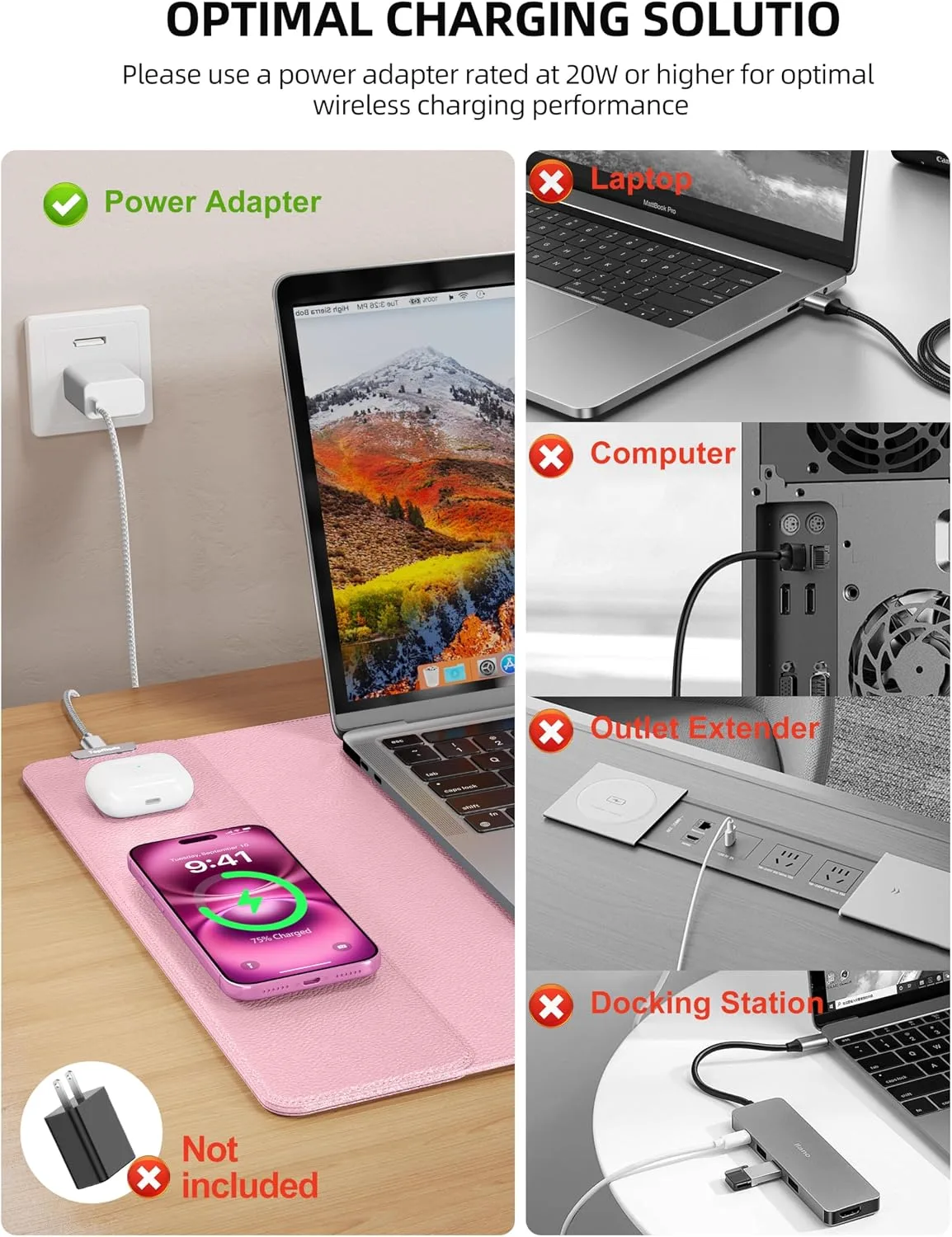 Mouse Pad with 15W Wireless Charging, XXL Large Leather Desk Mat, Pink
