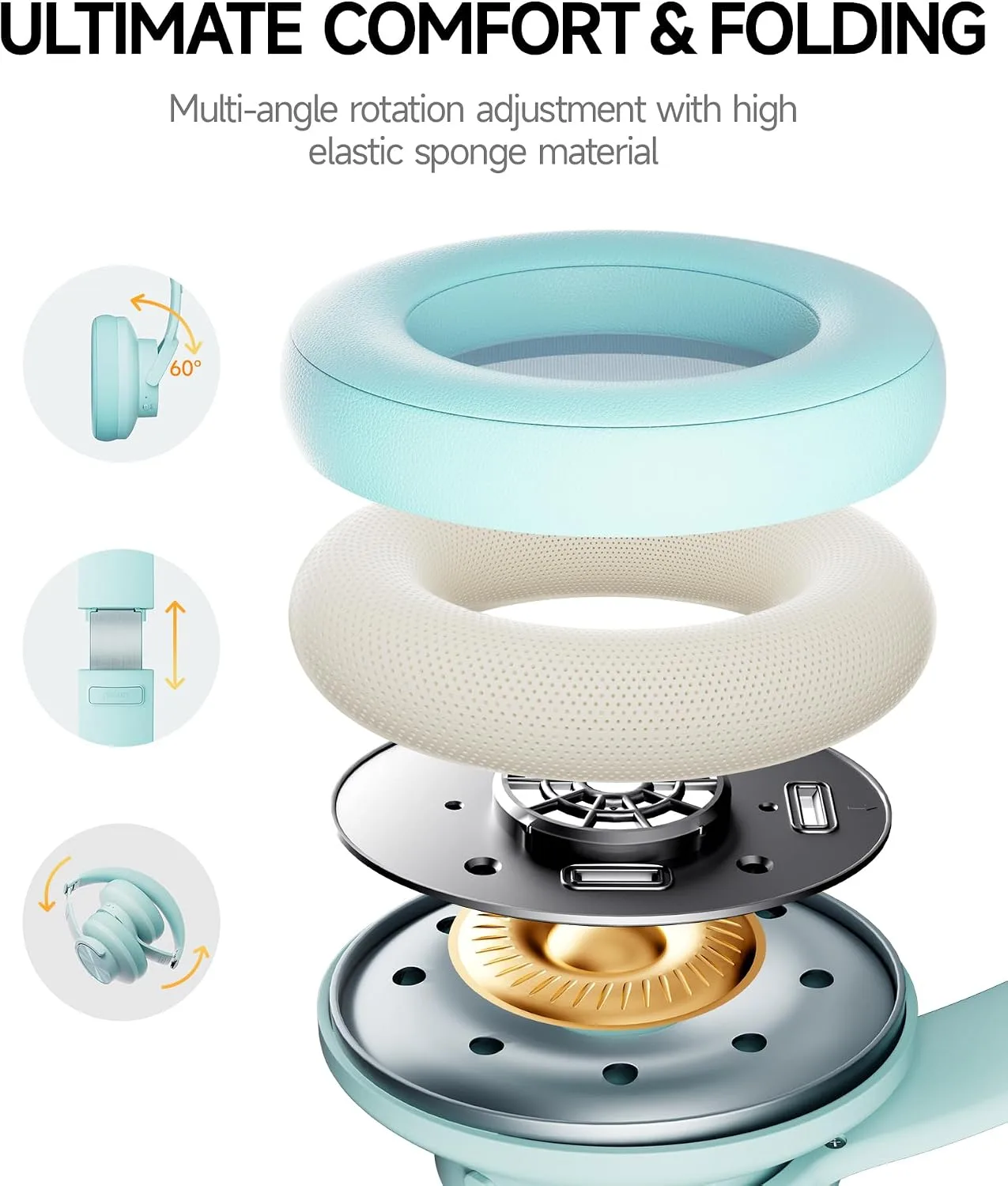 Picun B8 Wireless Bluetooth Headphones, 120H Playtime, 3EQ Modes, Cyan
